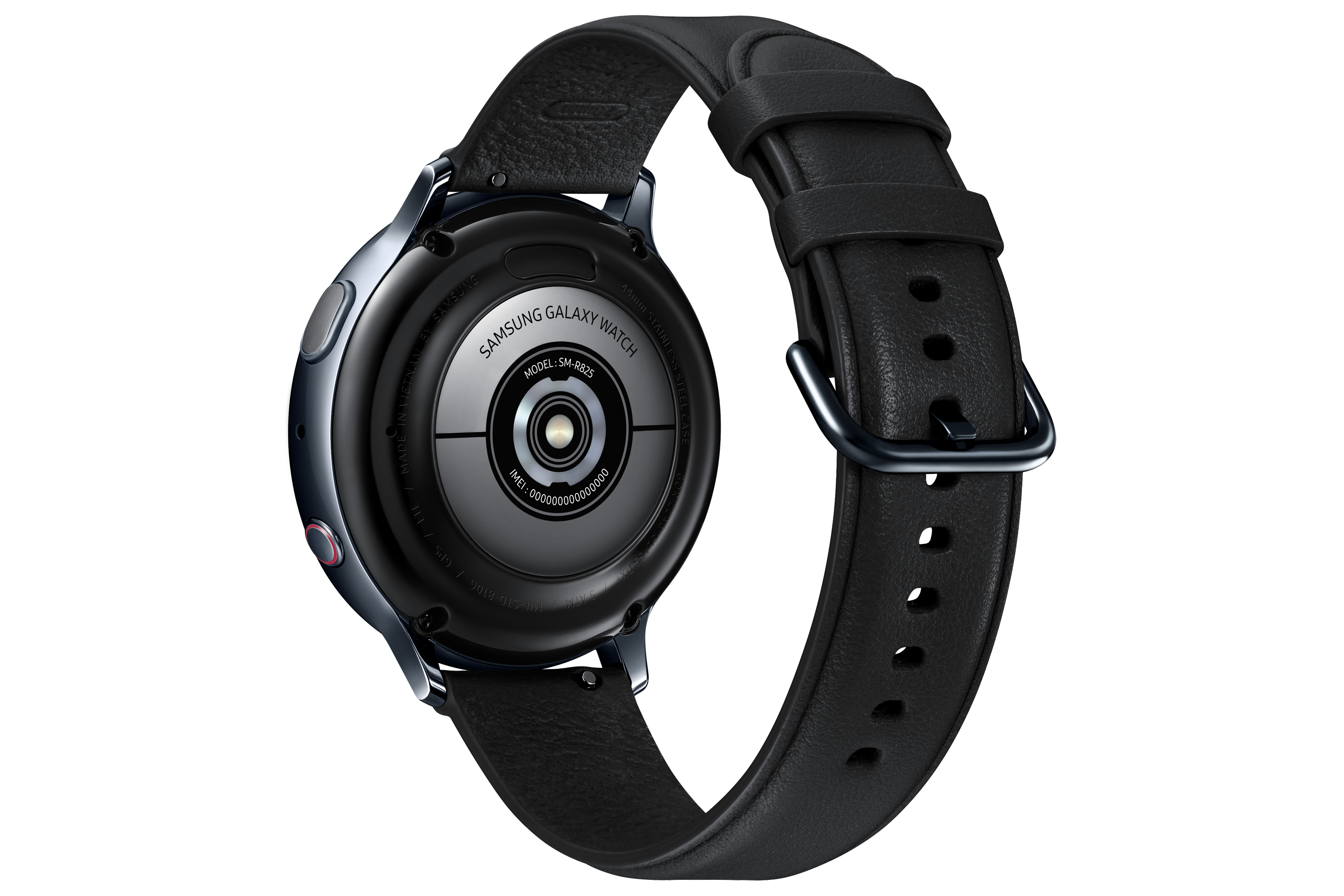 Rückansicht einer dunkelblauen Samsung Galaxy Watch 2 mit schwarzem Lederband.