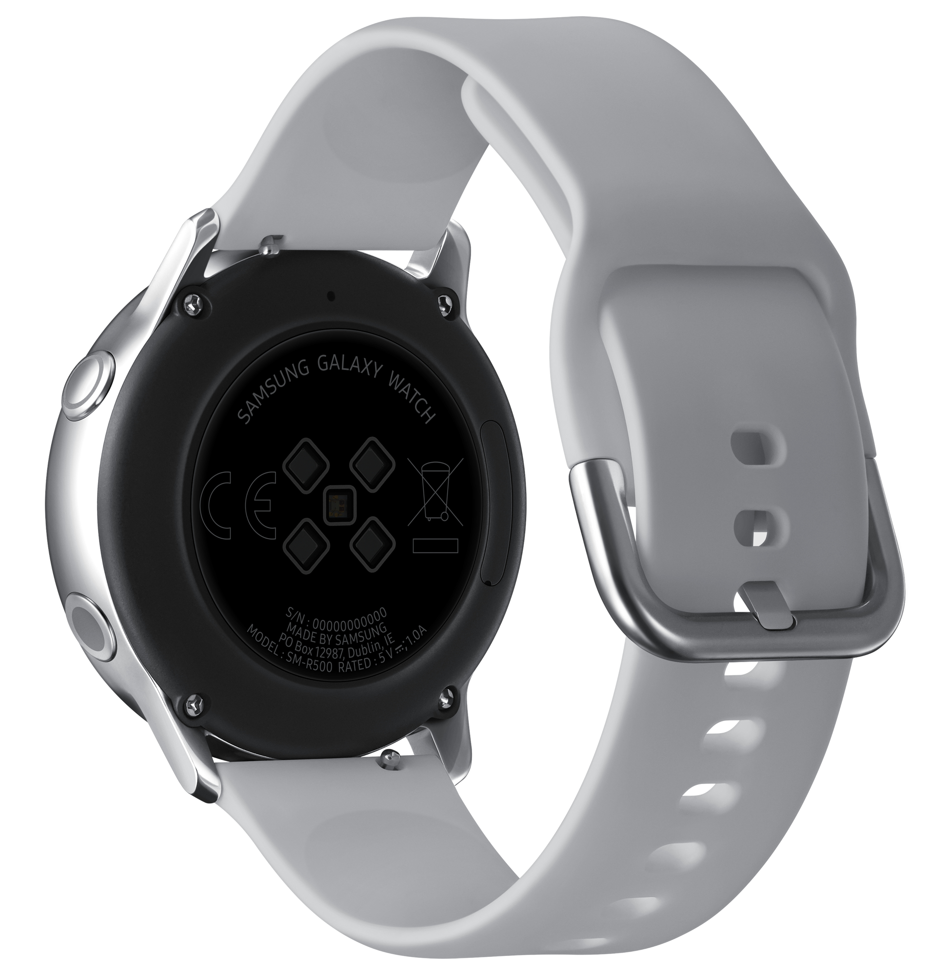 Die Rückseite einer grauen Smartwatch und eines Armbands. Es hat Sensoren und eine Schnalle.