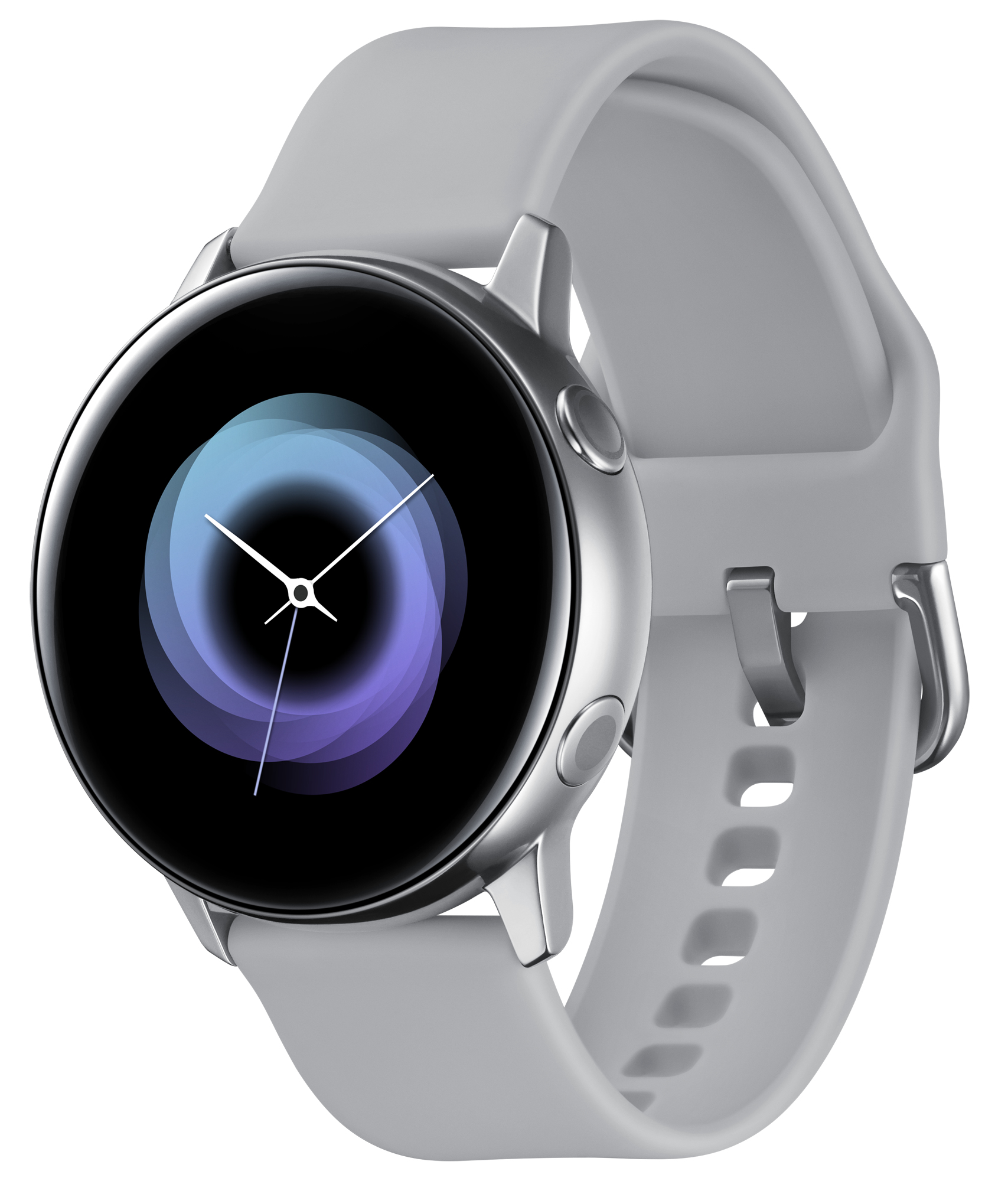 Eine graue Samsung Galaxy Watch mit grauem Armband. Der Bildschirm zeigt ein blaues und lila Design.