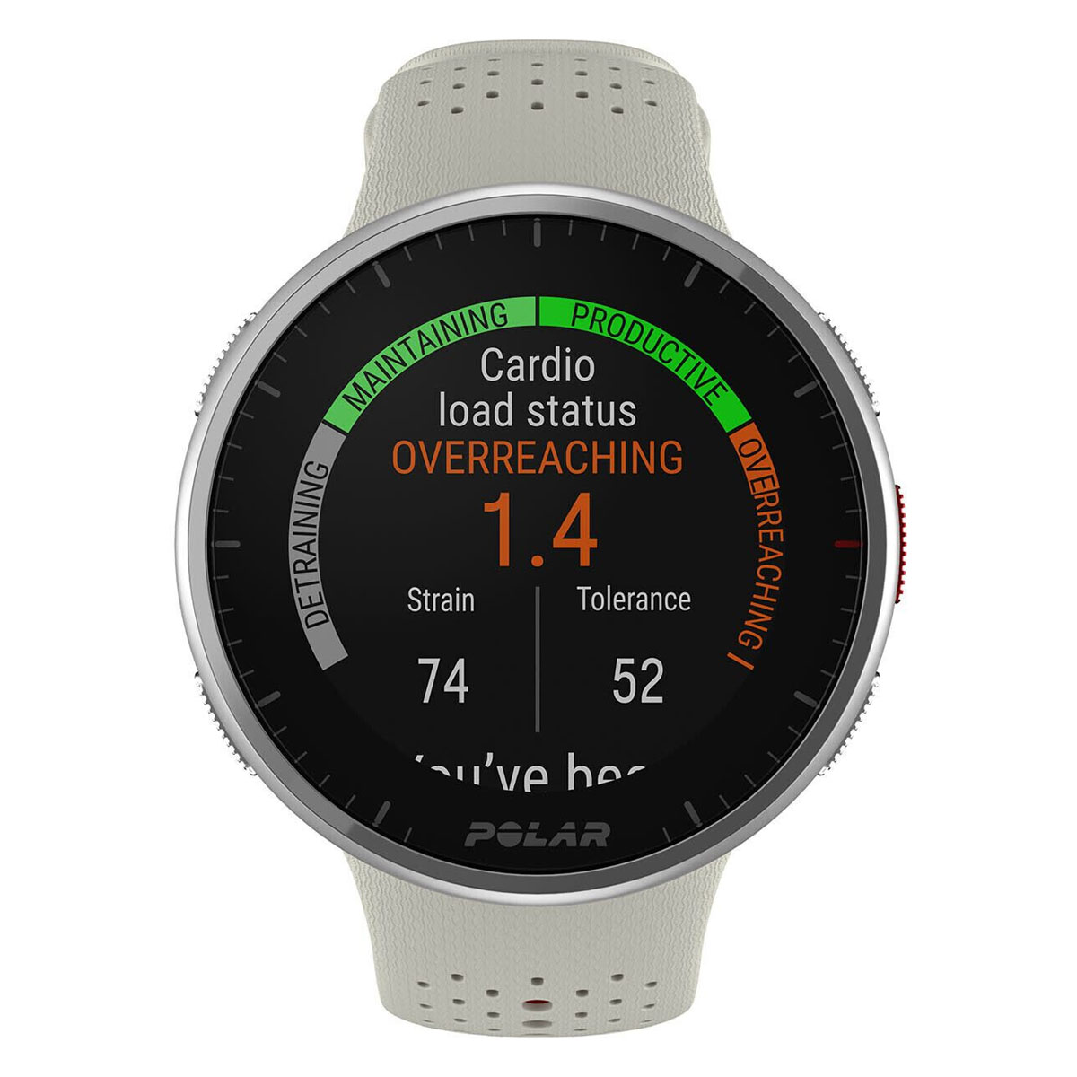 Okrągły smartwatch pokazujący obciążenie, tolerancję i status obciążenia na szarym pasku.