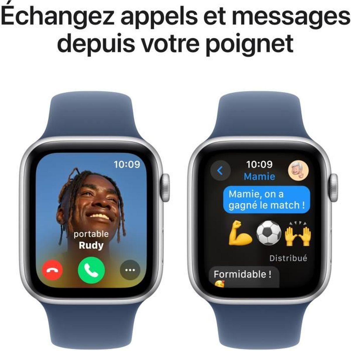 Zwei Apple Watches. Eine zeigt einen Anruf mit Rudy, die andere einen Text von 