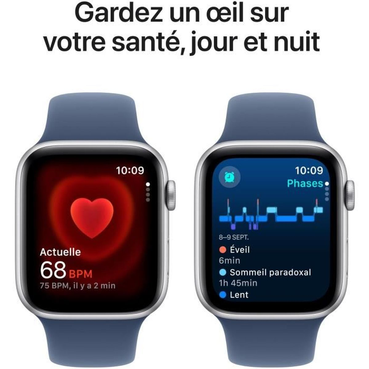 Zwei Smartwatches mit blauen Armbändern, zeigen Gesundheitsdaten auf ihren Bildschirmen, Text auf Französisch.