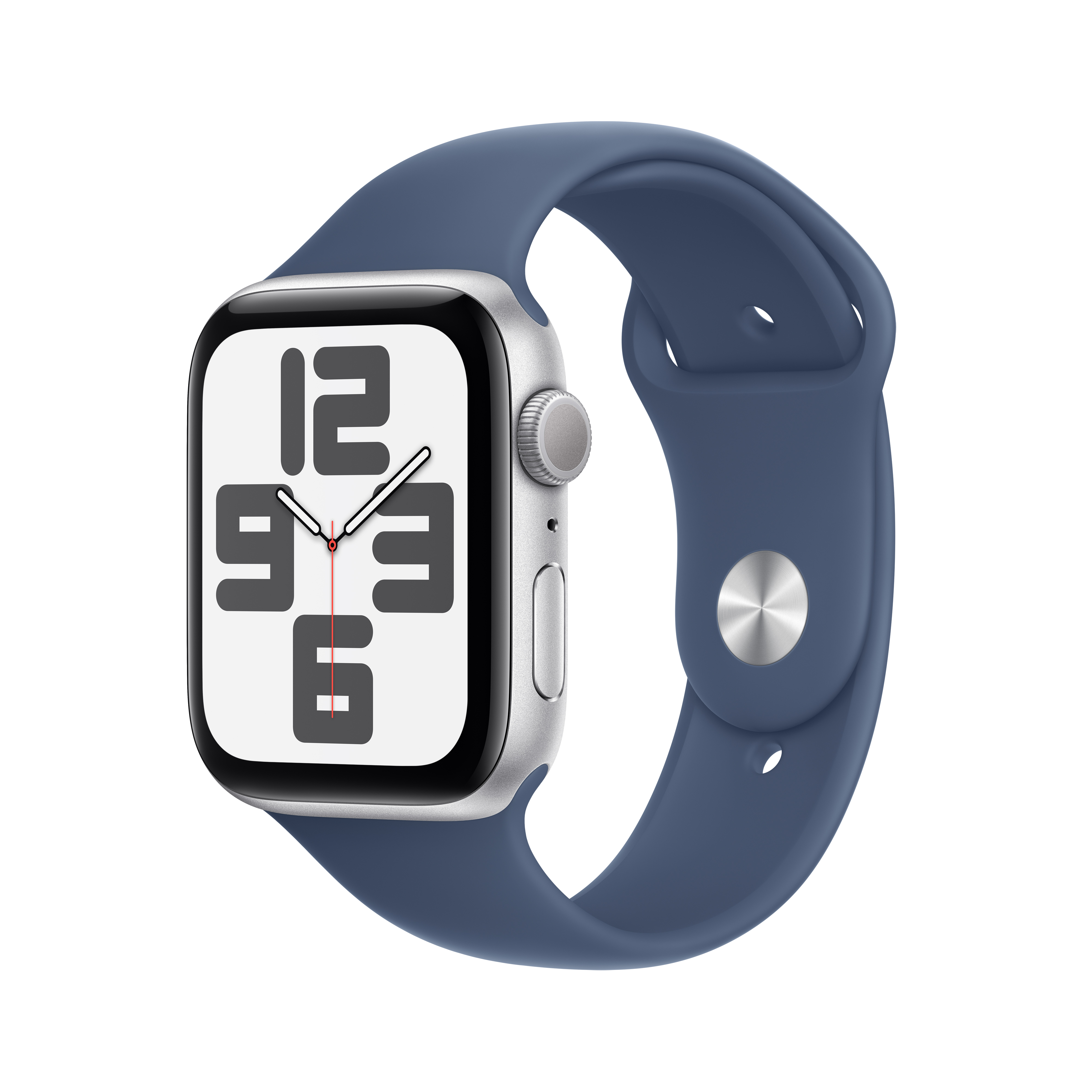 Gümüş kasalı ve lacivert kayışlı Apple Watch, beyaz ekranda saati gösteriyor.