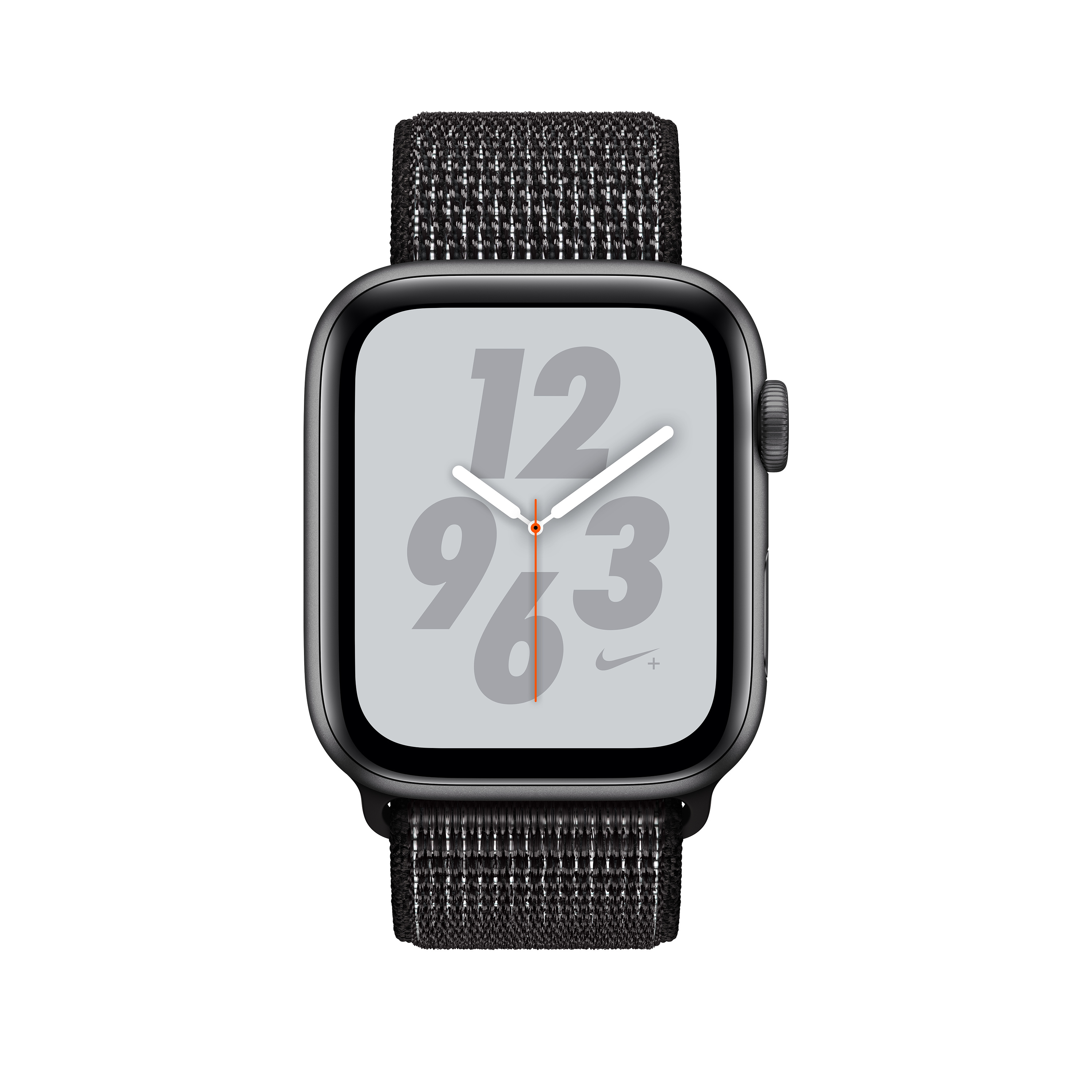 Schwarze Apple Watch mit Nike-Armband, zeigt die Uhrzeit. Isoliert auf weißem Hintergrund.