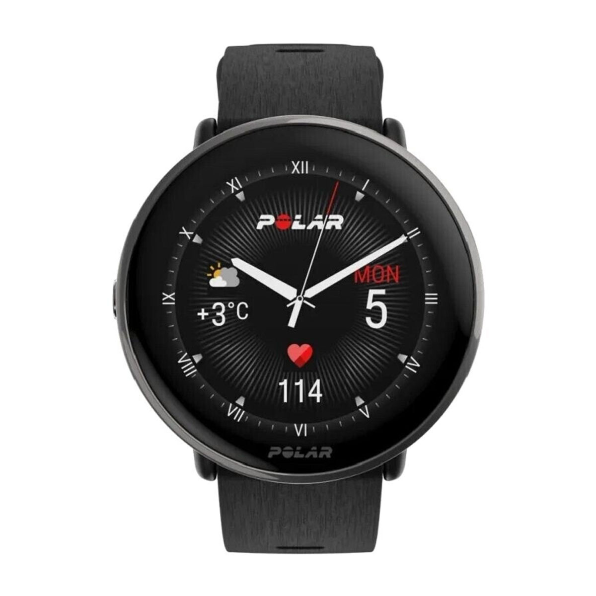 Czarny smartwatch Polar z okrągłą tarczą, wyświetlający czas, datę i informacje o tętnie.