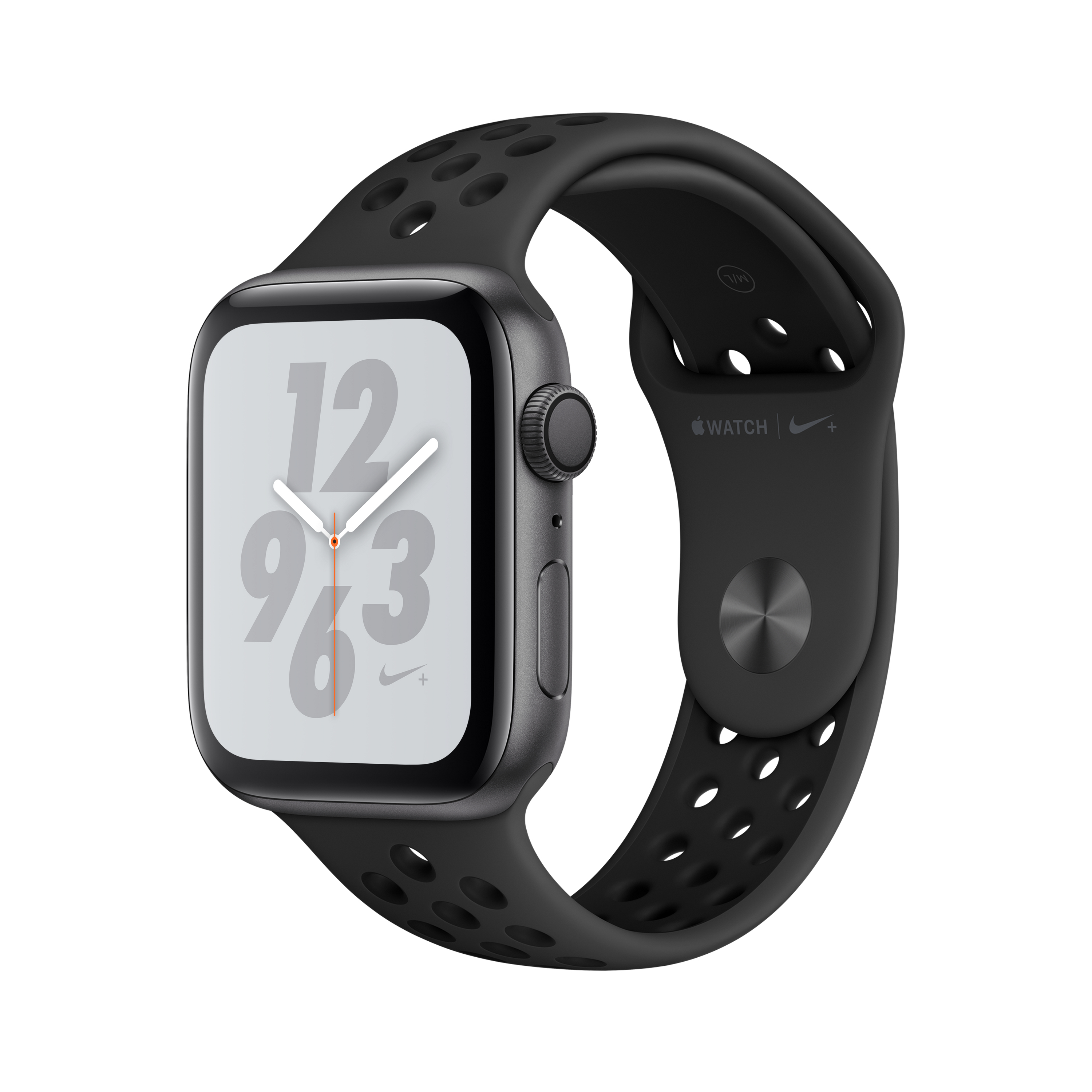 Eine schwarze Apple Watch mit schwarzem Nike Sportarmband. Das Zifferblatt zeigt die Uhrzeit.