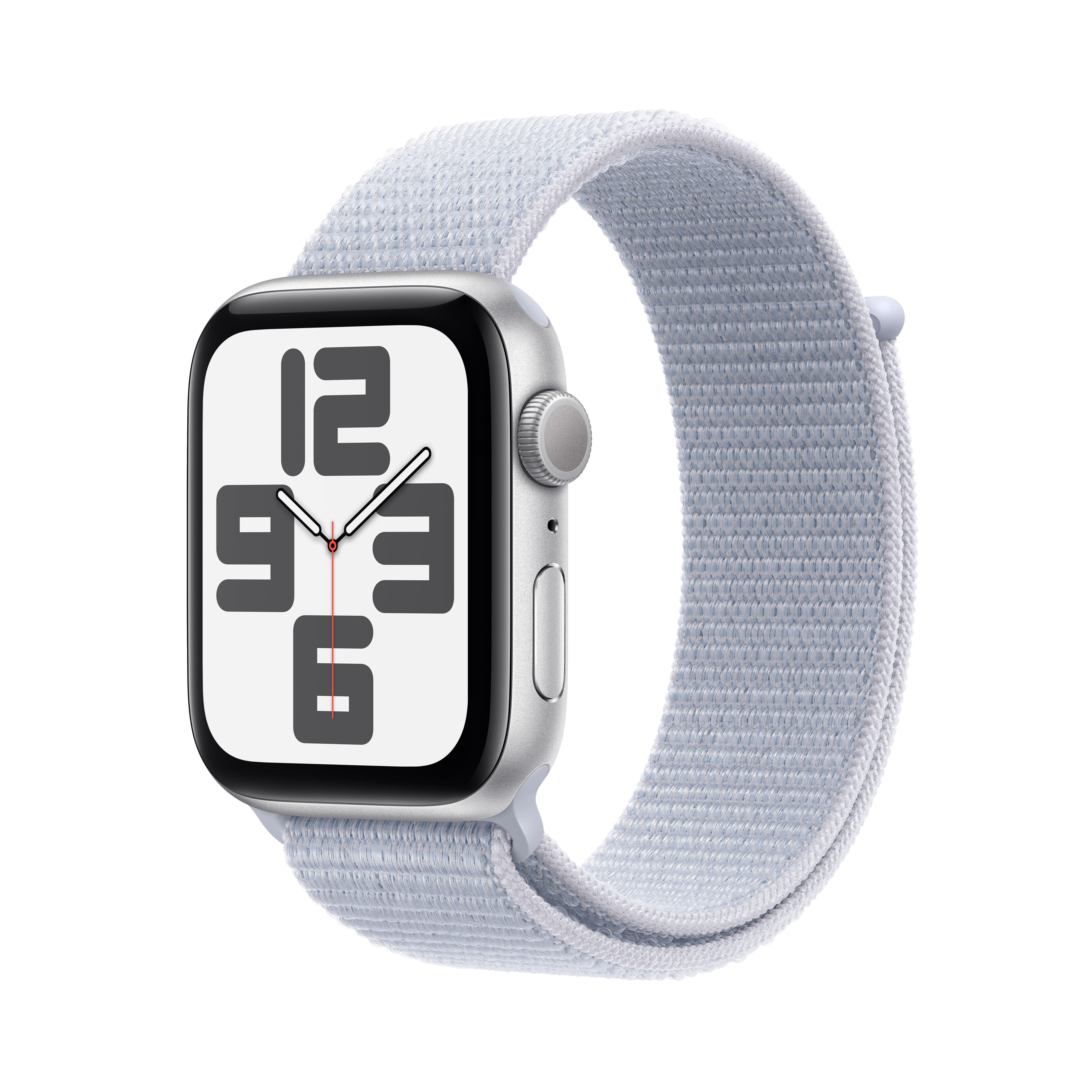 Un Apple Watch con cinturino in tessuto azzurro, mostra ora e data, isolato su bianco.