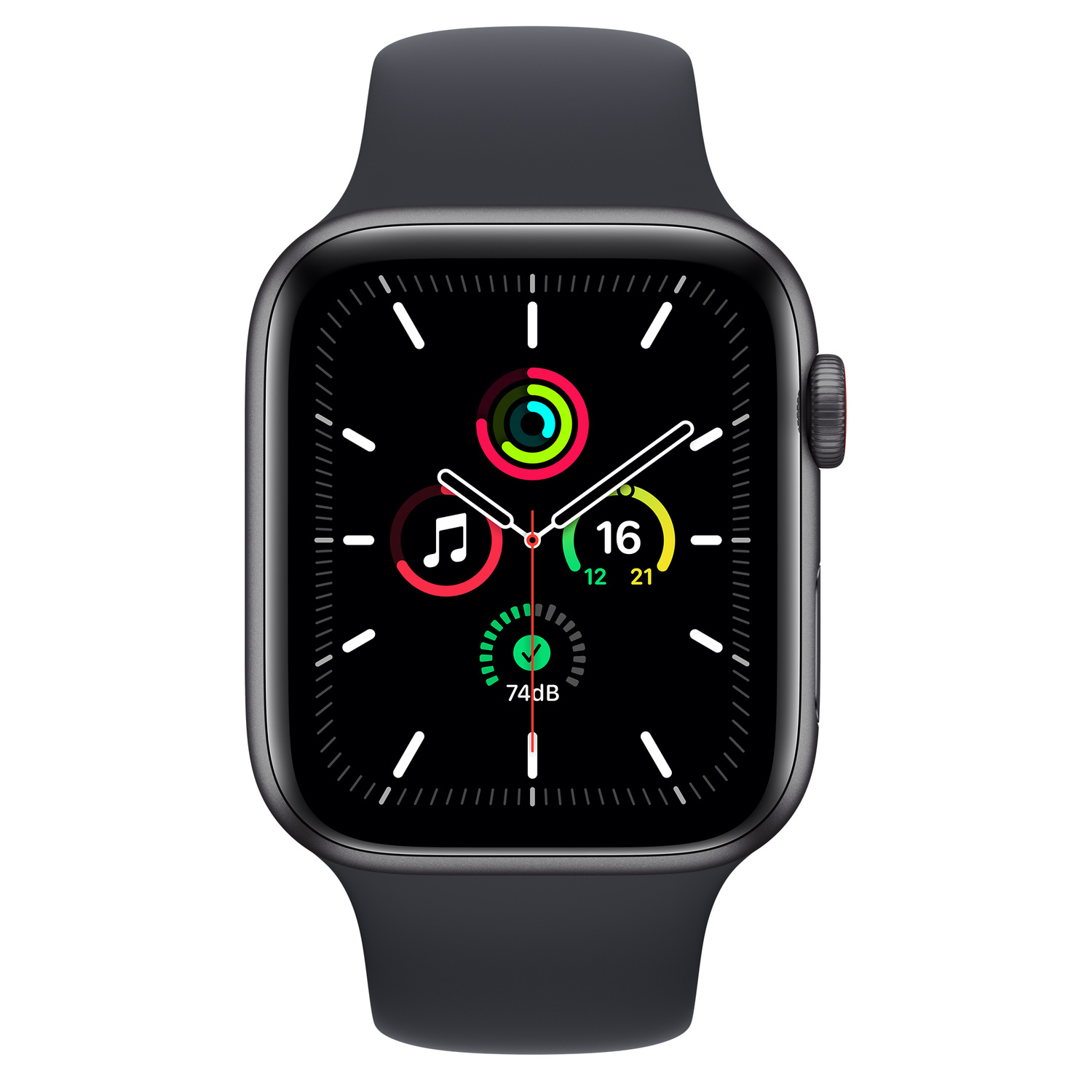 Apple Watch gris foncé avec un bracelet noir. L'écran affiche l'heure et les icônes d'applications.