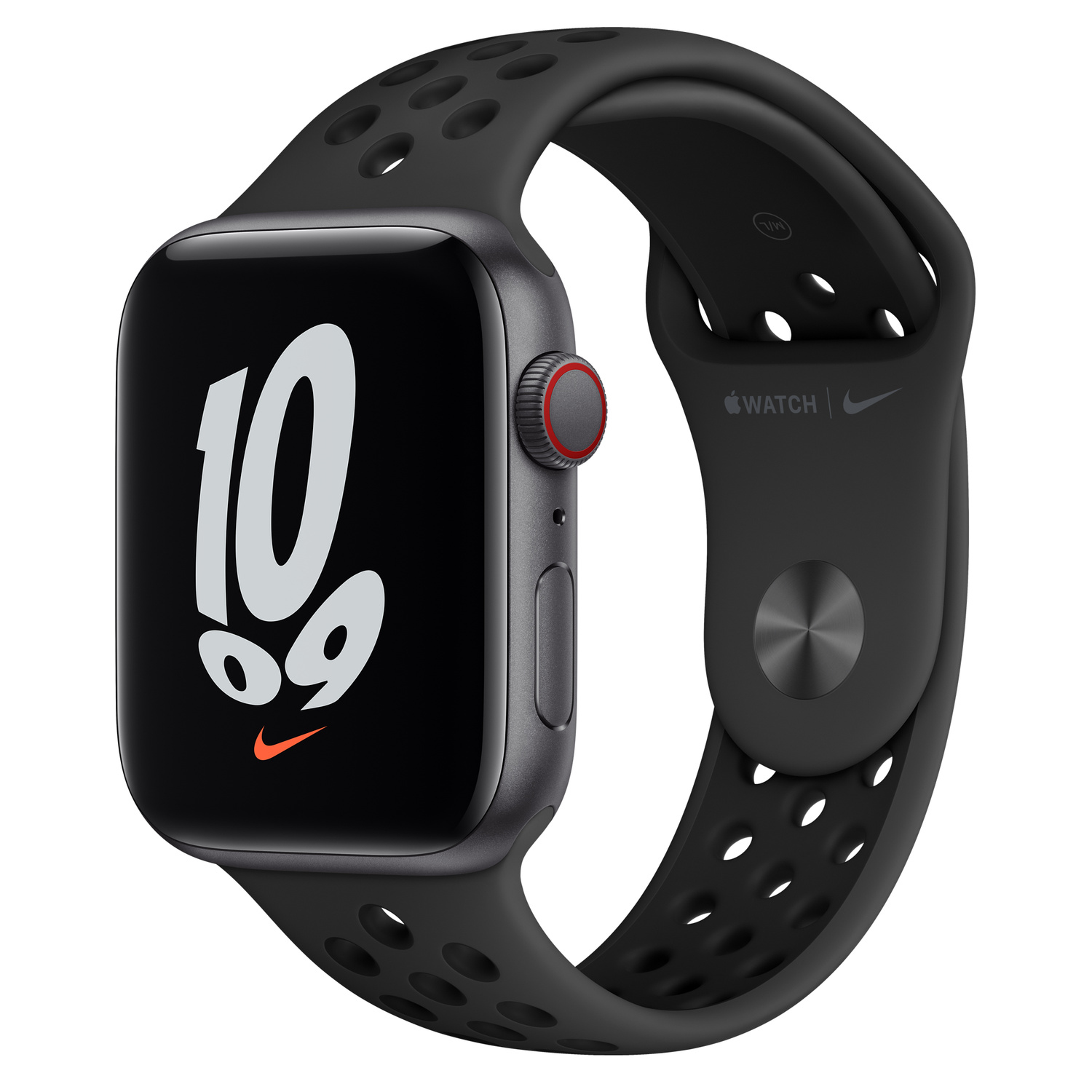 Schwarze Apple Watch mit schwarzem Armband. Zeigt die Zeit 10:09, mit Nike-Logo.