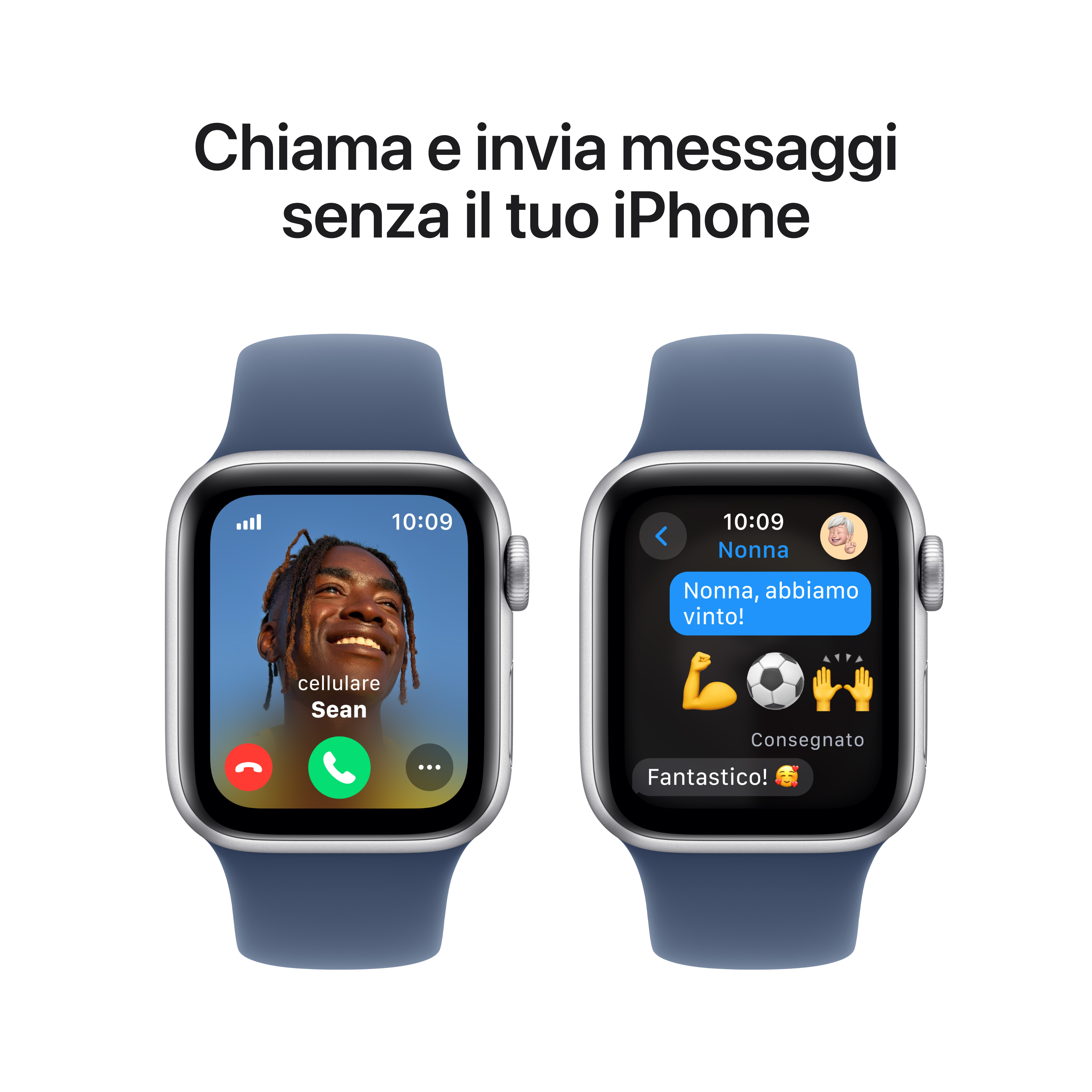 Dwa Apple Watch na białym tle. Jeden pokazuje połączenie, drugi wiadomość.
