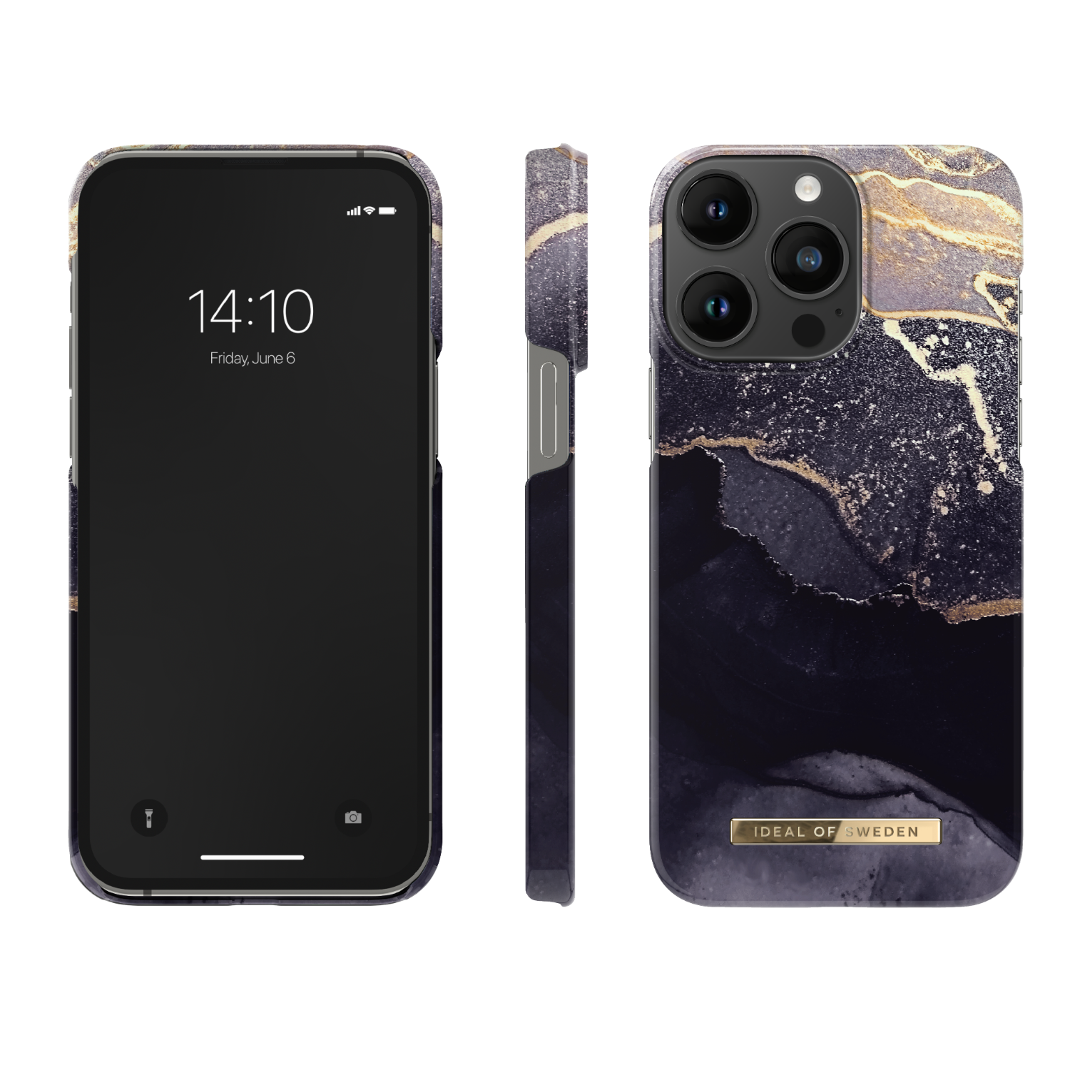 Drei Ansichten einer schwarzen Handyhülle mit Marmordesign und einem Handy.