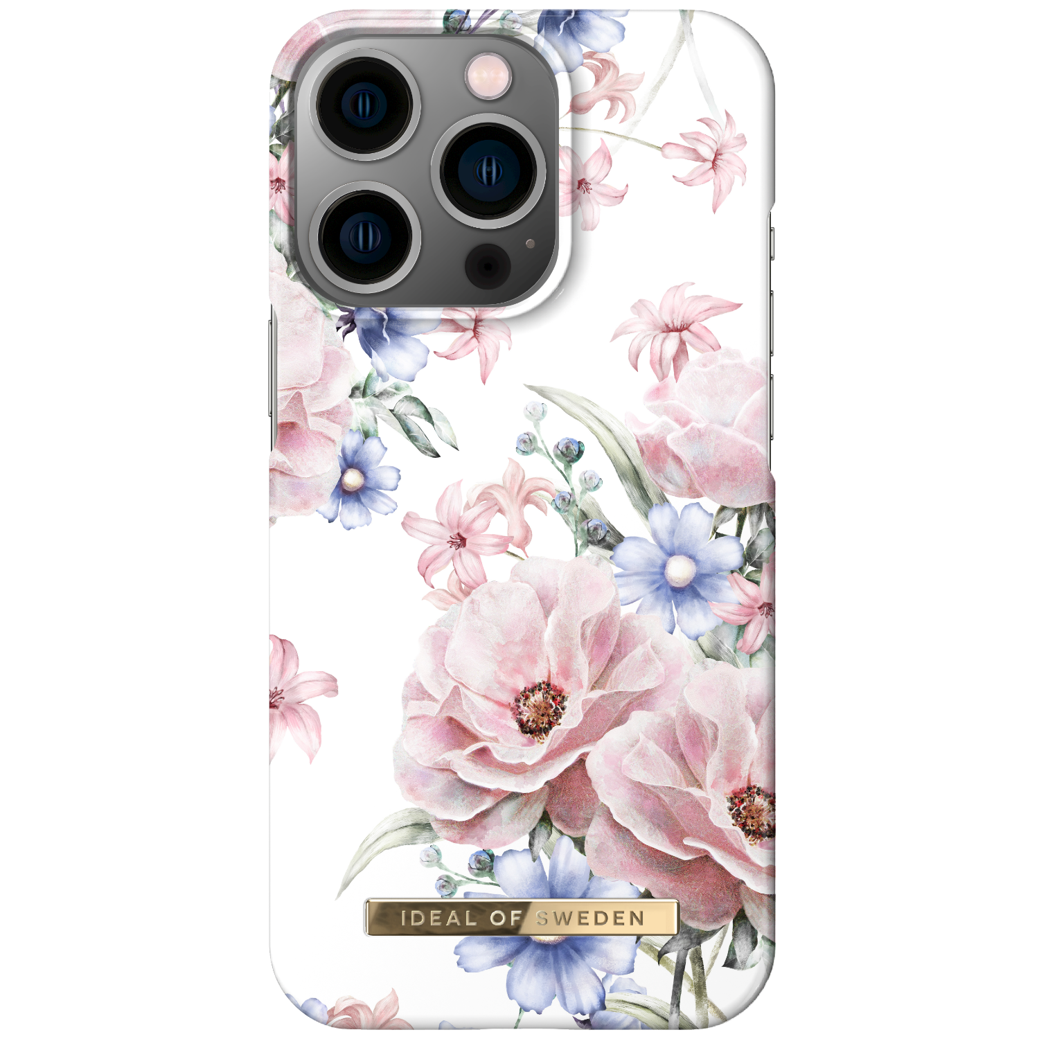 Weißes Telefongehäuse mit rosa, blauen Blumen. Ideal of Sweden Text. Telefonkameras sind sichtbar.