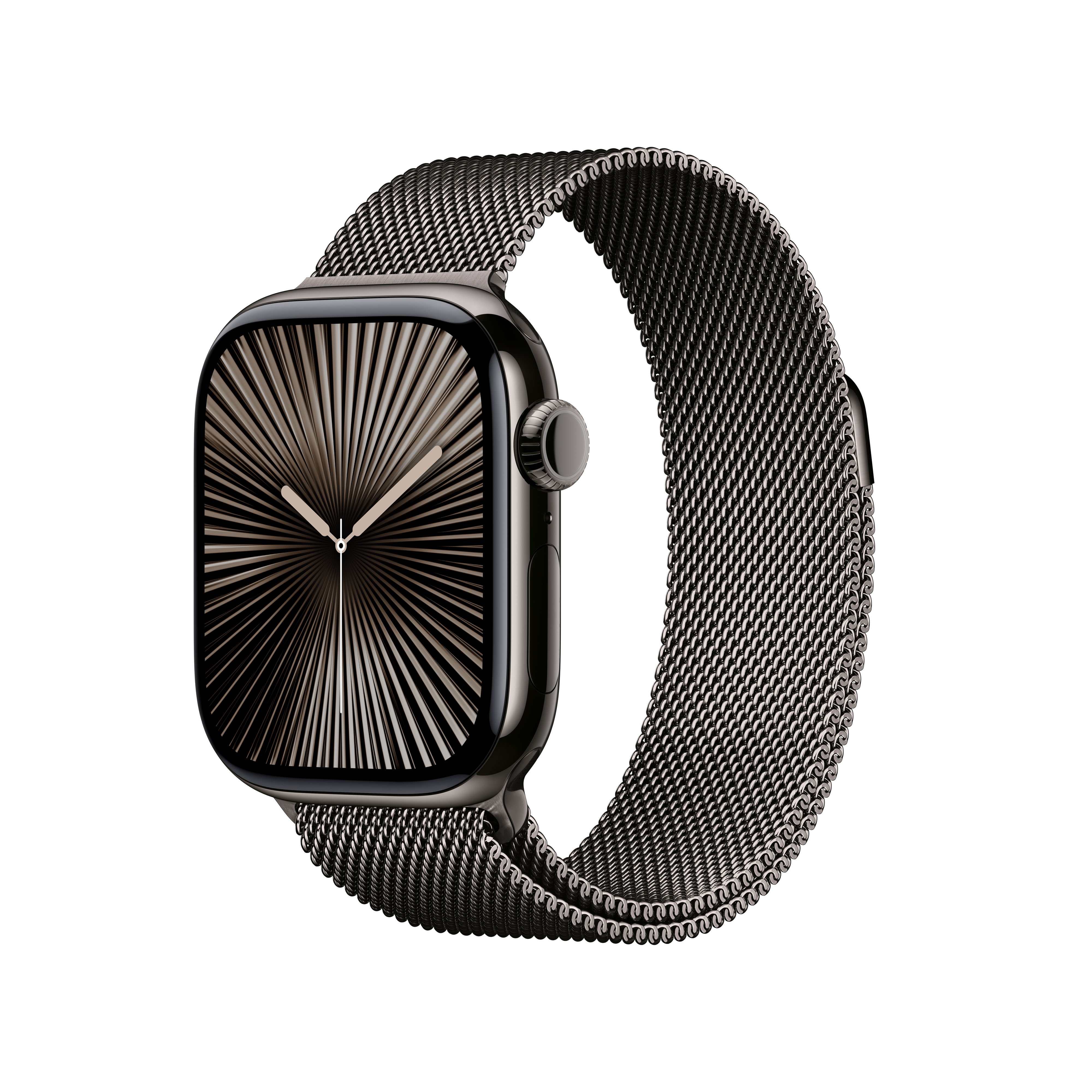 Czarny Apple Watch z metalową bransoletą, pokazujący godzinę i unikalną tarczę.