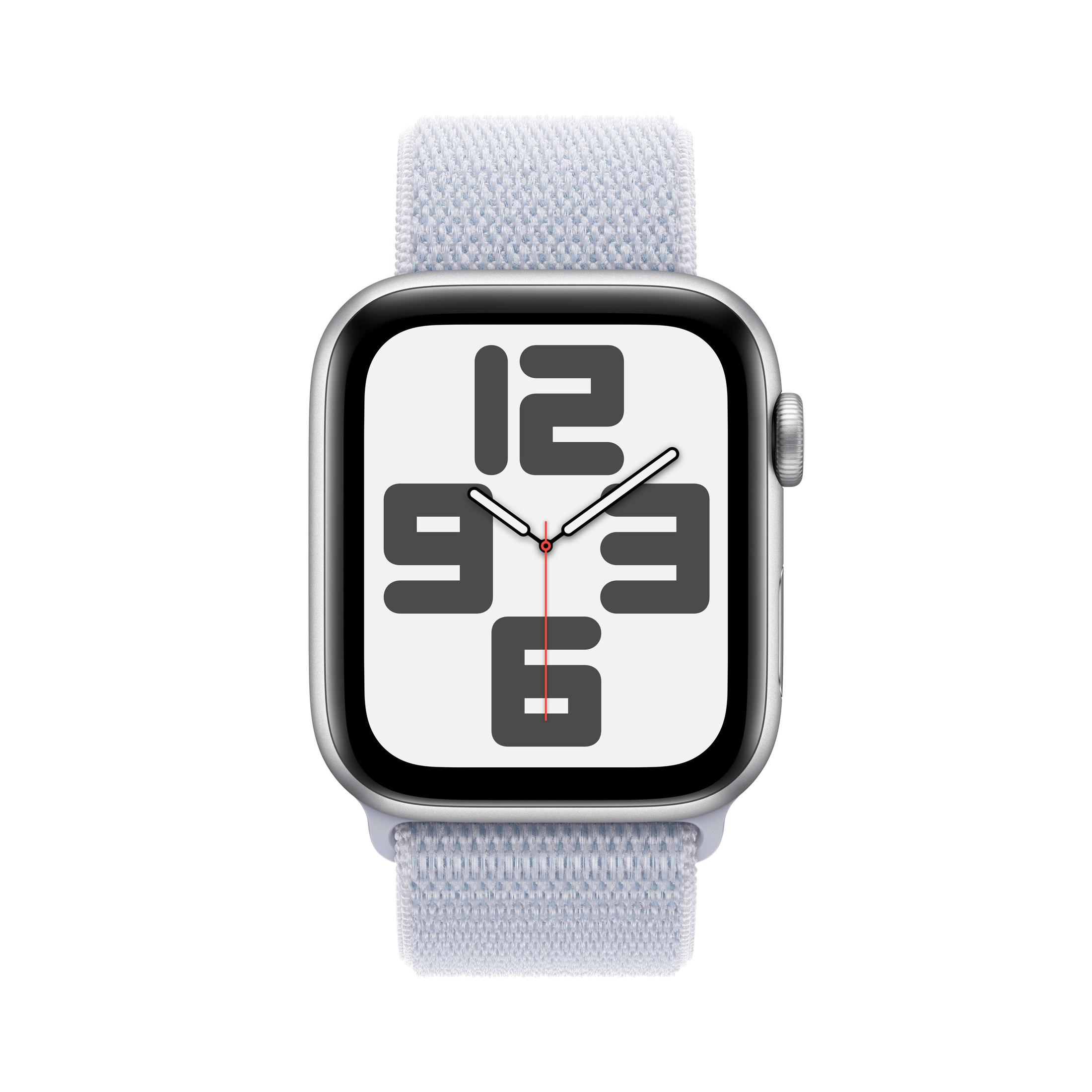 Apple Watch z jasnoniebieskim paskiem z tkaniny. Tarcza zegarka pokazuje godzinę.