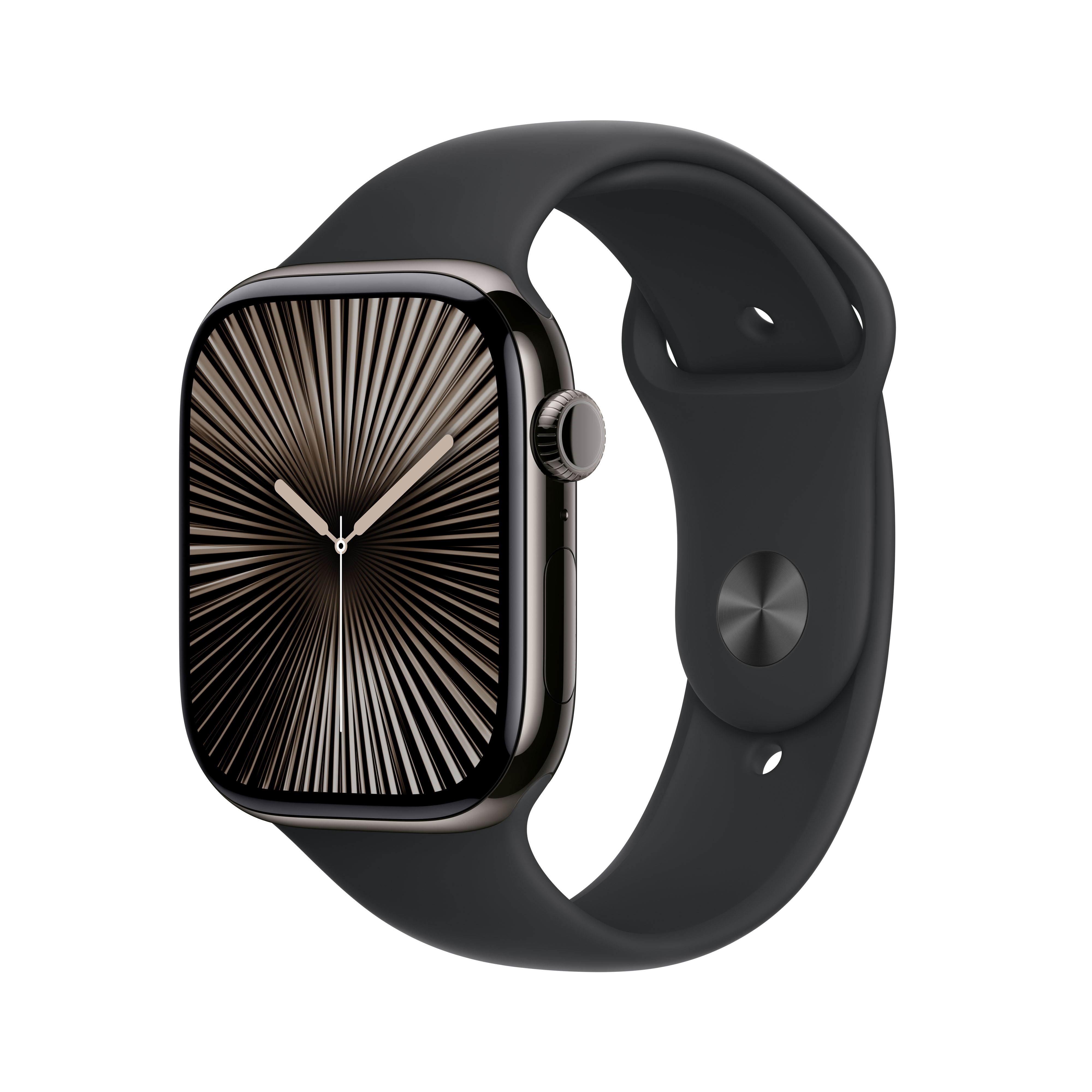 Ciemny Apple Watch z czarnym paskiem, pokazujący czas. Izolowany na białym tle.