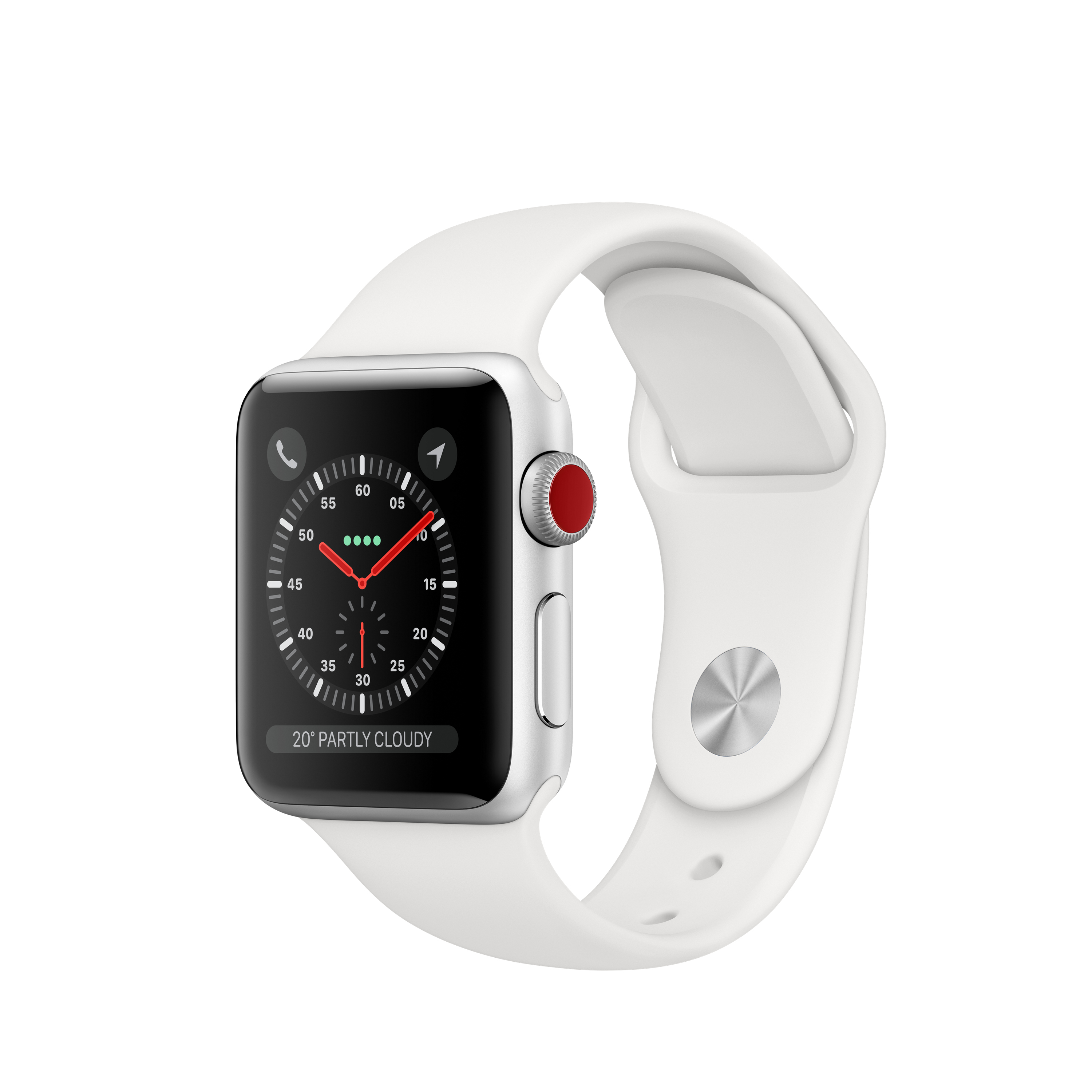 Silberne Apple Watch mit weißem Armband. Das Zifferblatt zeigt die Uhrzeit. Roter Knopf an der Seite.