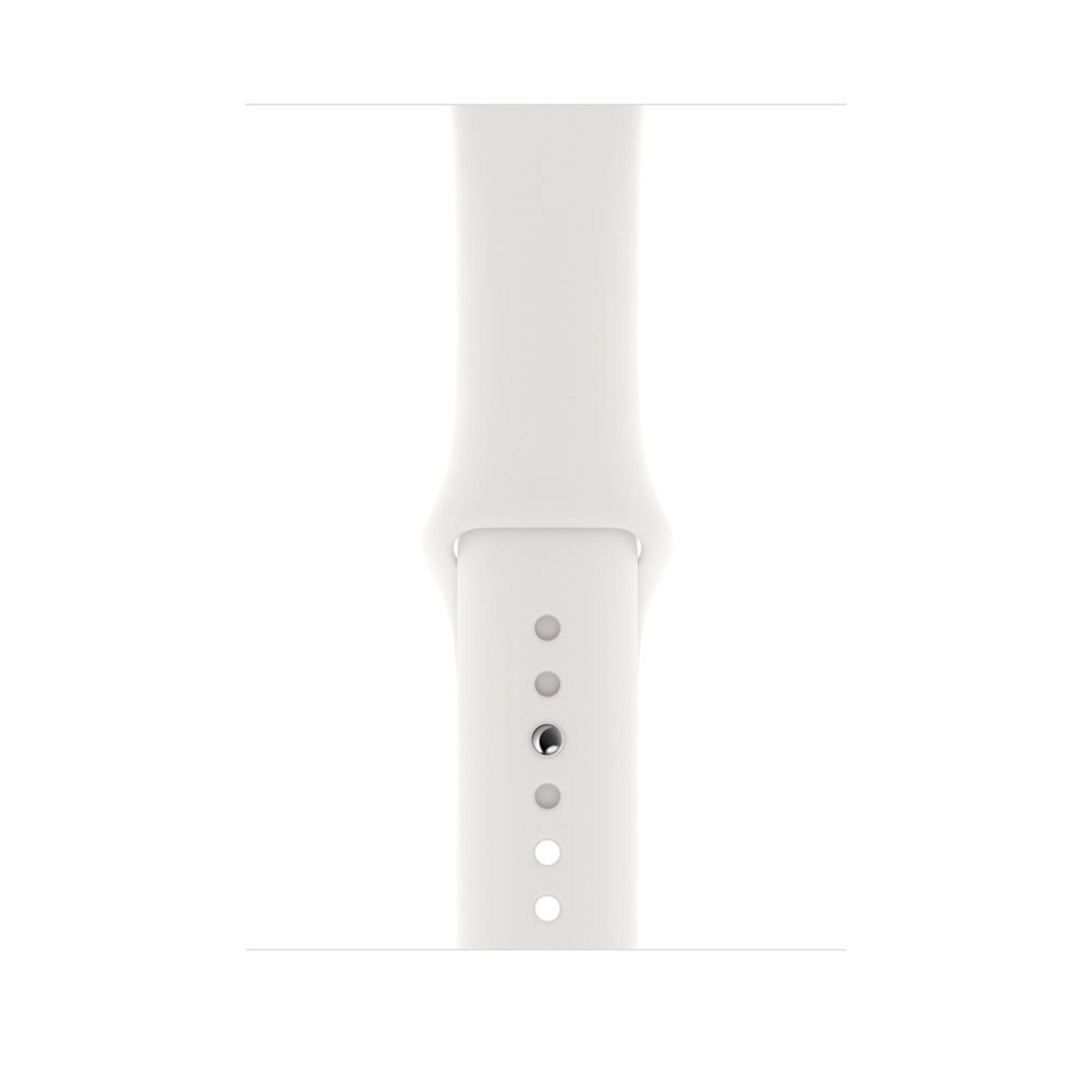 Correa de reloj blanca con agujeros y cierre metálico.