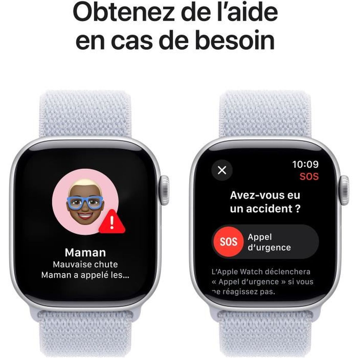 Dwa Apple Watche pokazujące funkcje awaryjne SOS na ekranach. Tekst po francusku.