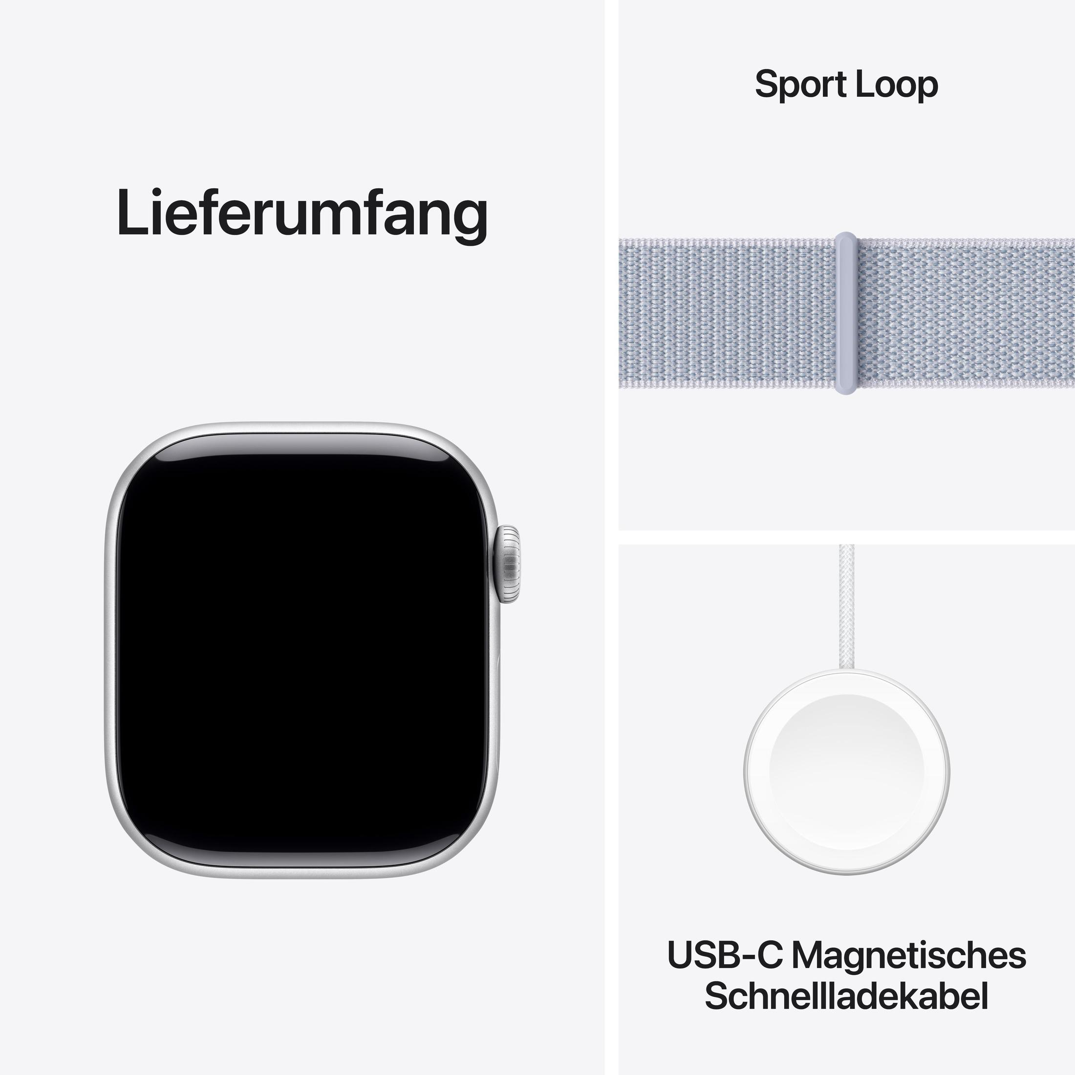 Apple Watch z akcesoriami: ładowarka, pasek i sam zegarek. Białe tło.