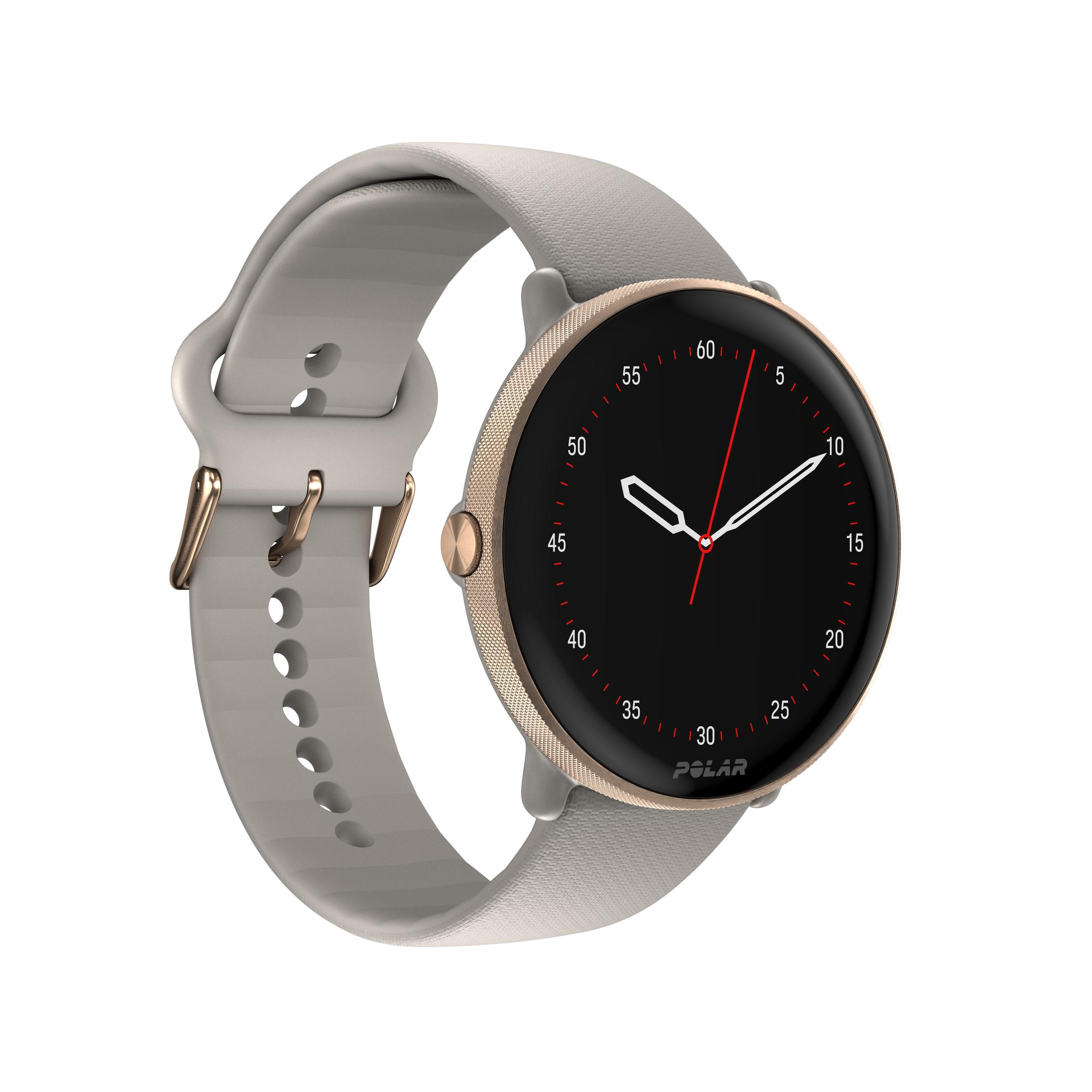 Okrągły smartwatch z szarym paskiem i złotymi detalami. Czarny wyświetlacz pokazujący czas.