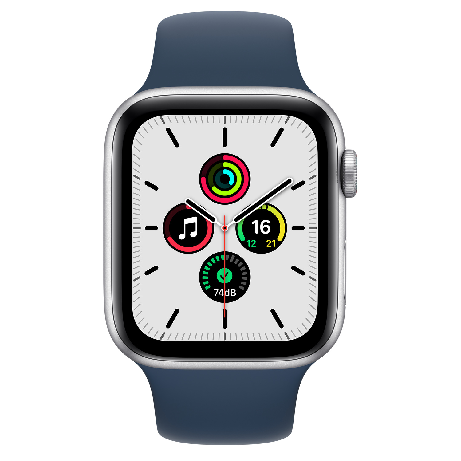 Silberne Apple Watch mit blauem Armband, zeigt Zeit und App-Symbole auf dem Bildschirm.