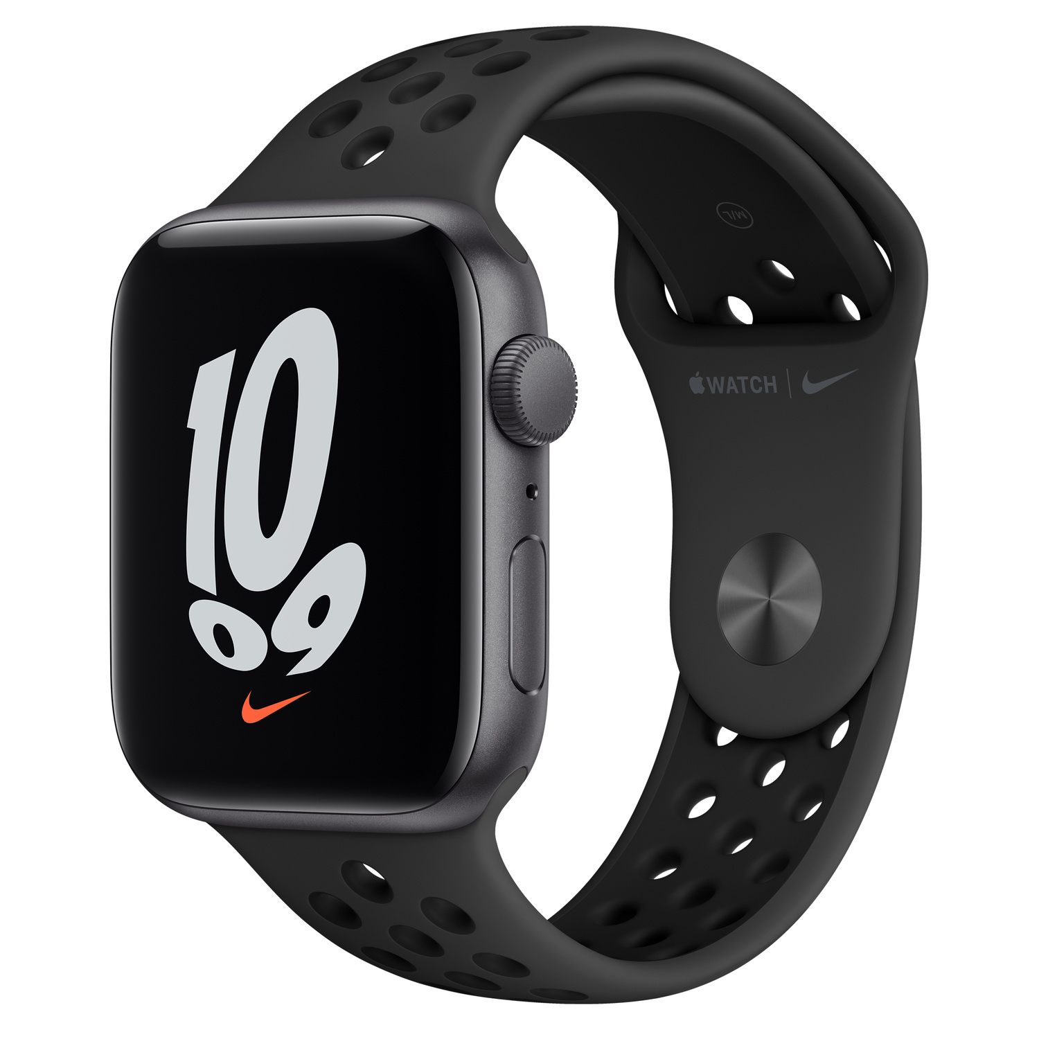 Schwarze Smartwatch mit schwarzem Armband, schwarzer Bildschirm mit weißen Zahlen und Nike-Logo.