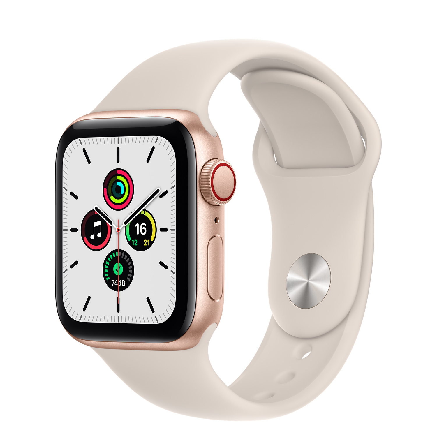 Gouden Apple Watch met beige bandje. De wijzerplaat toont de tijd, datum en verschillende app-iconen.