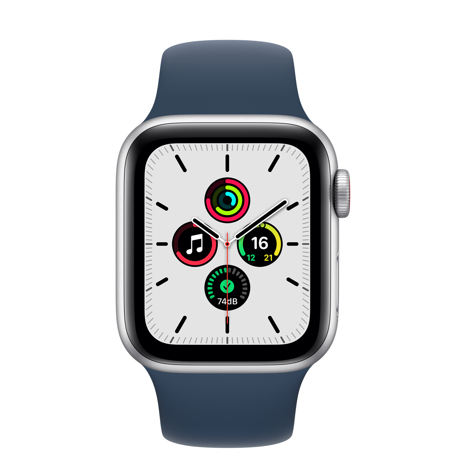 Apple Watch argentée avec bracelet bleu, affichant l'heure et les anneaux.