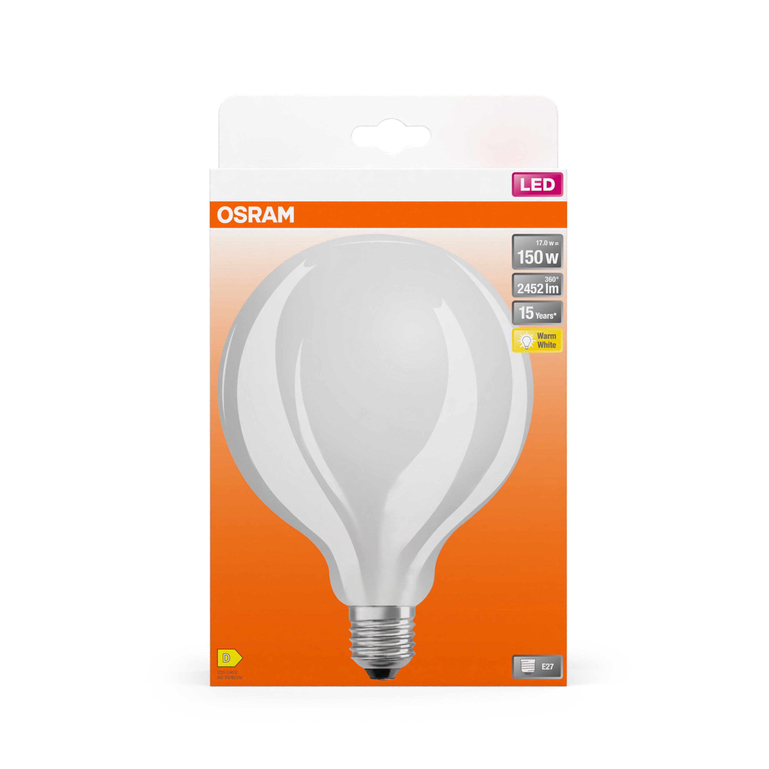 Żarówka w pudełku, biała żarówka ze srebrną podstawą, ze szczegółami produktu na pudełku.