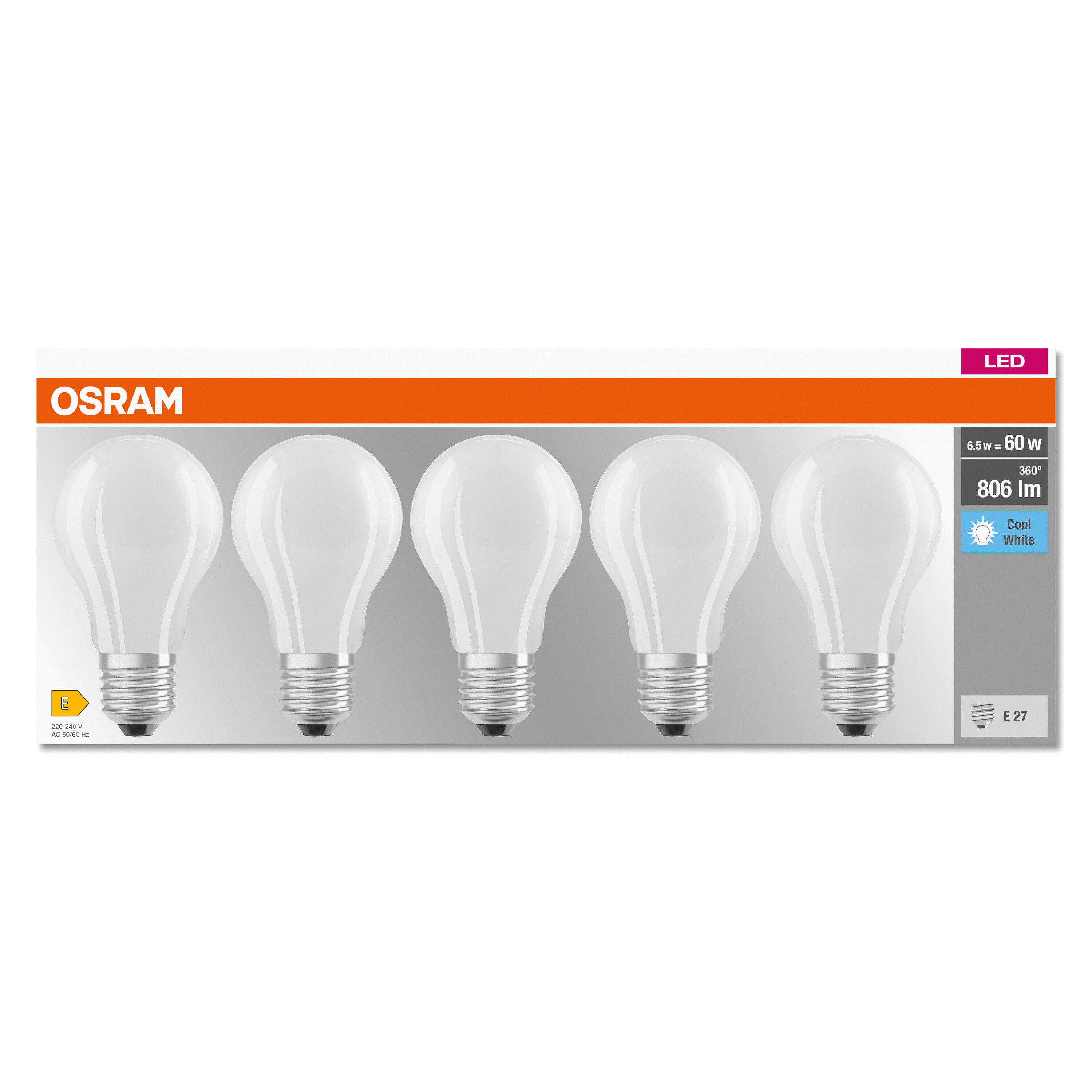 Schachtel mit fünf weißen LED-Glühbirnen. Text: OSRAM, 6,5 W = 60 W, 806 lm, Cool White. E27-Sockel.