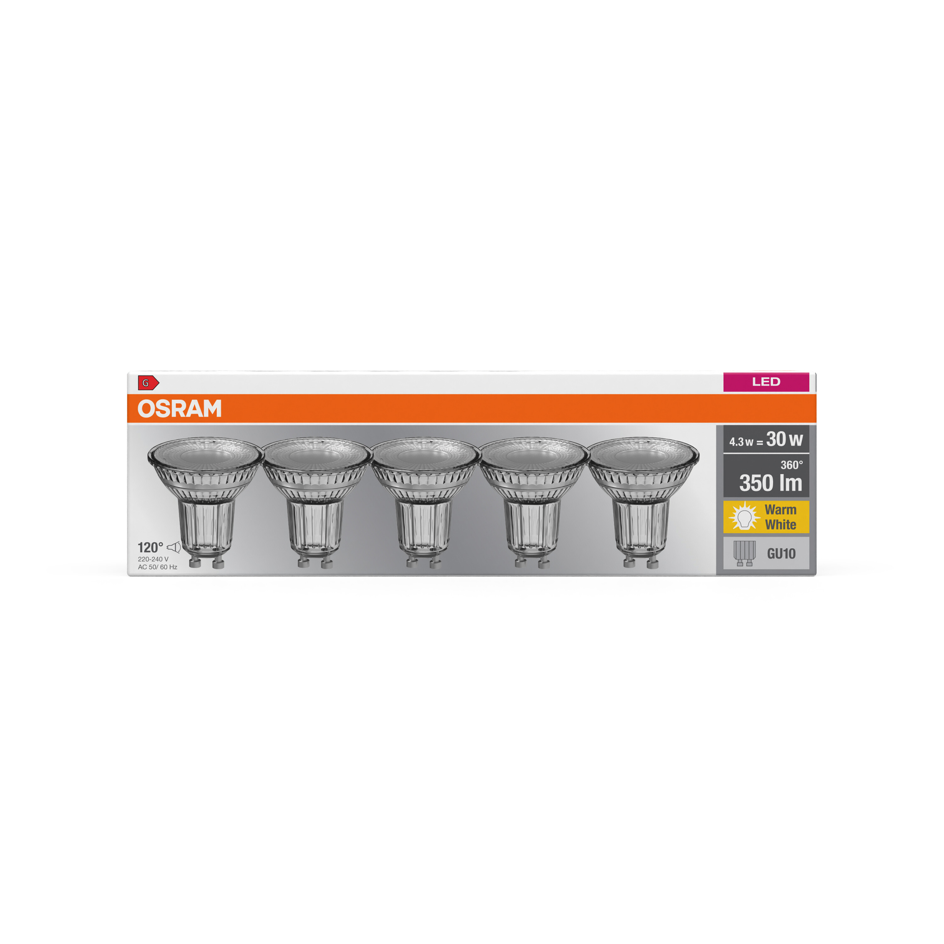 Cinque lampadine LED GU10 in vetro trasparente in una scatola.