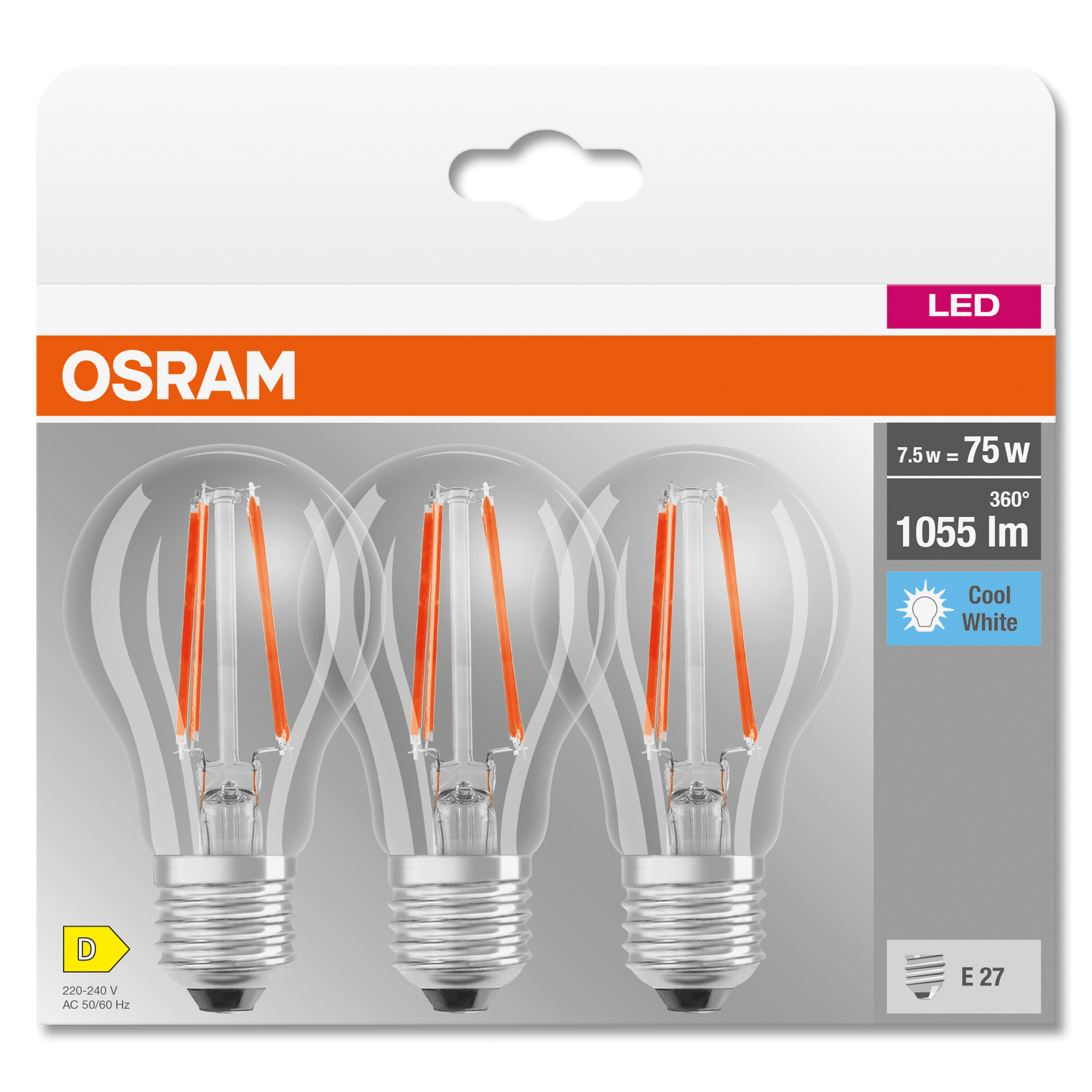 Una confezione di tre lampadine a LED con marchio Osram e dettagli del prodotto.