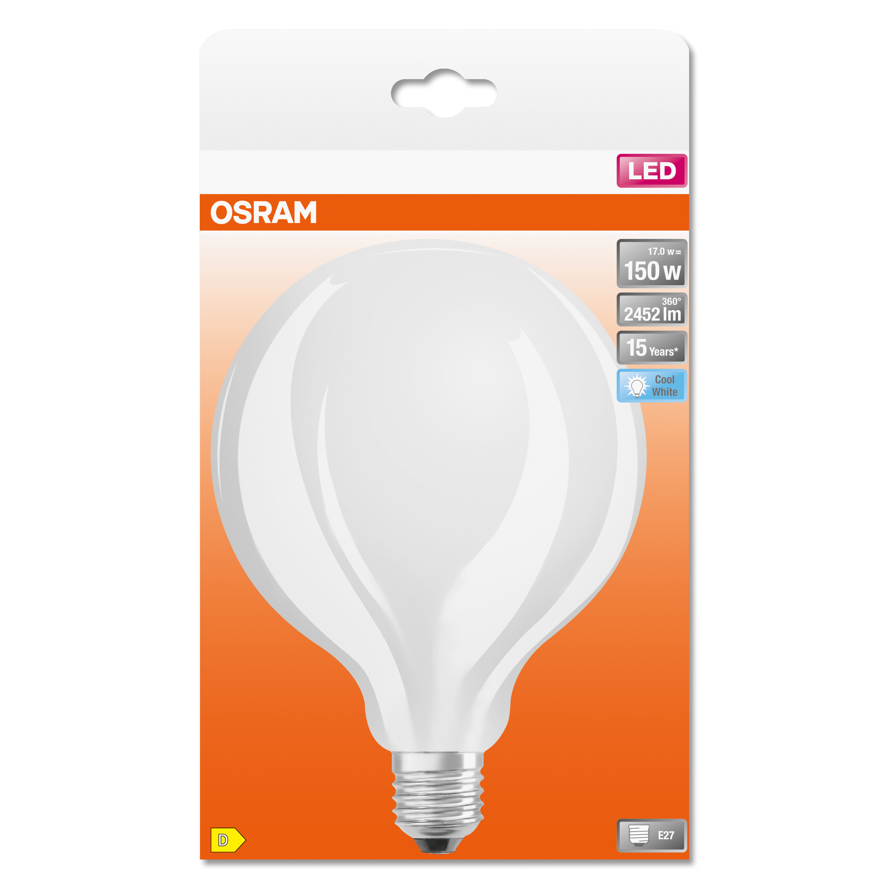 Una lampadina LED OSRAM nella sua confezione. La lampadina è bianca e la scatola è arancione e bianca.