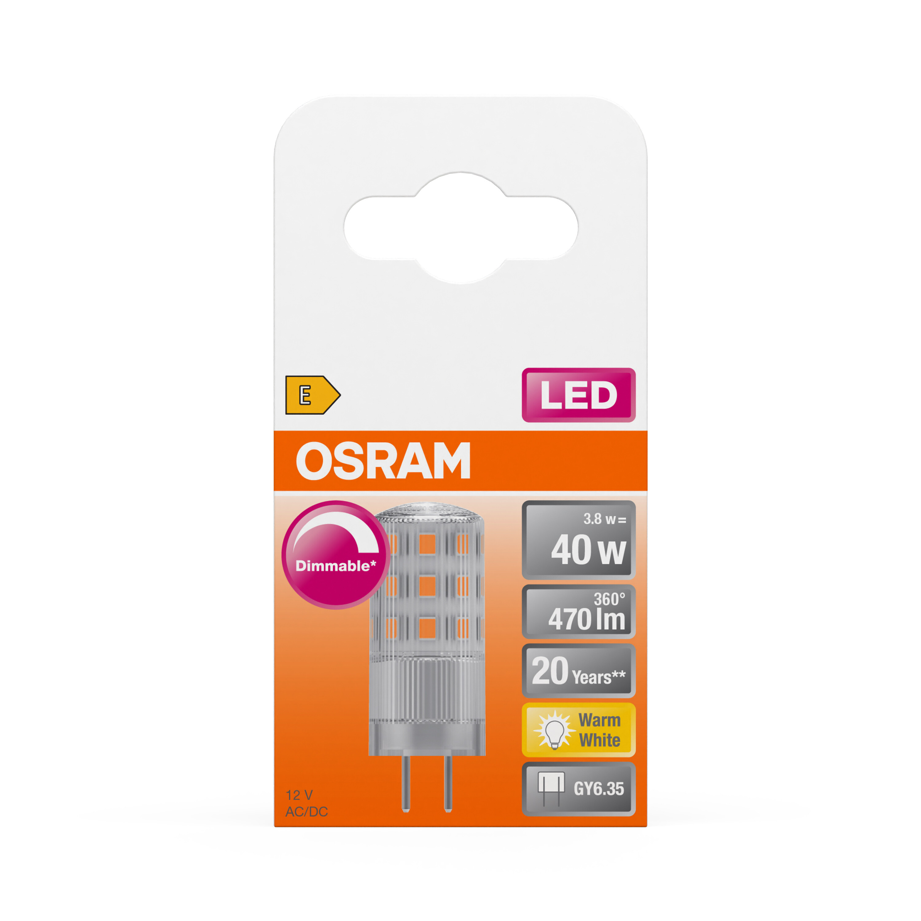 Lampadina LED nella confezione. Testo: OSRAM, 40W, 470 lm, 20 anni. Simbolo luce bianca calda. Sfondo bianco.