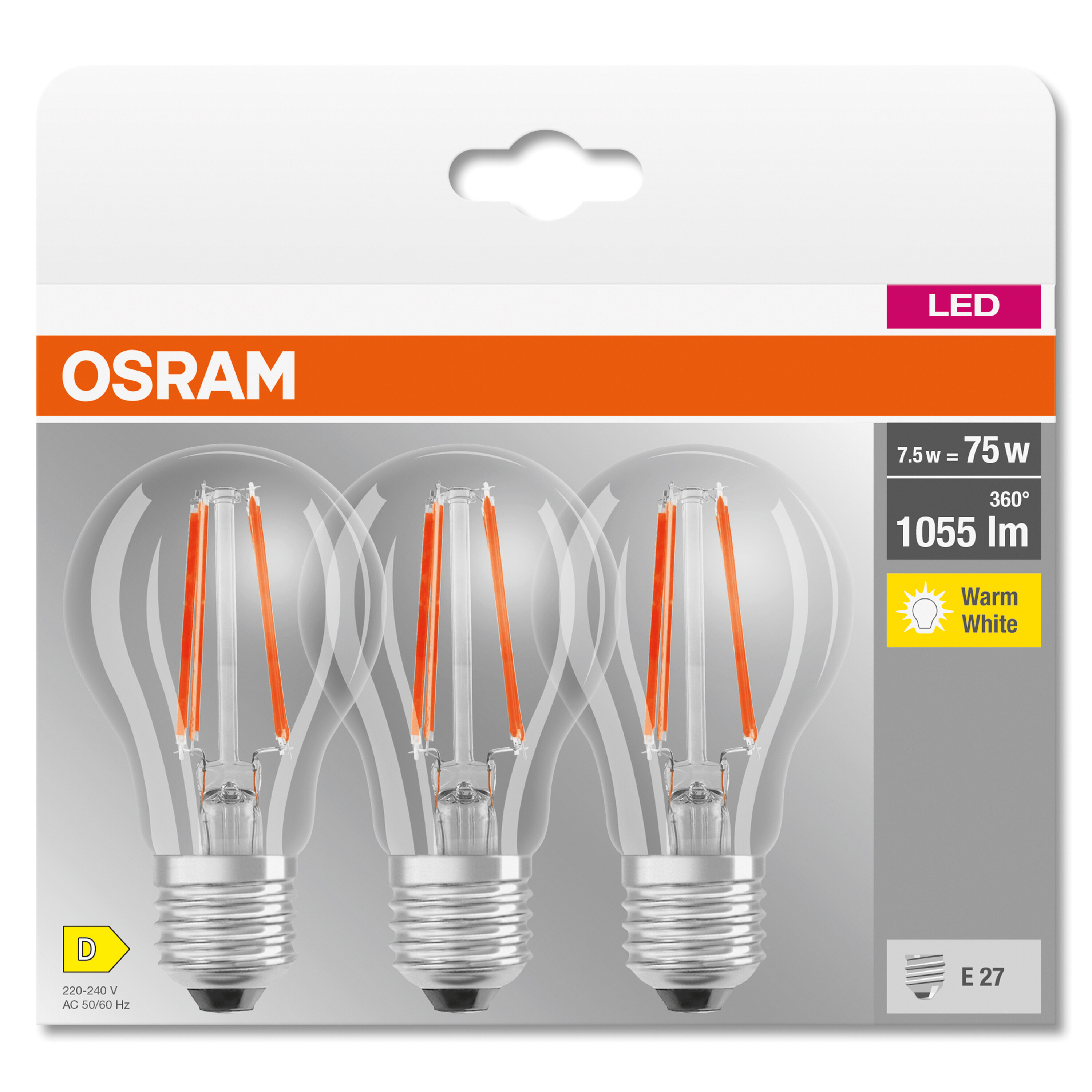Drei LED-Glühbirnen in einer Verpackung. Die Glühbirnen haben orangefarbene Glühfäden. Die Verpackung ist weiß und orange.