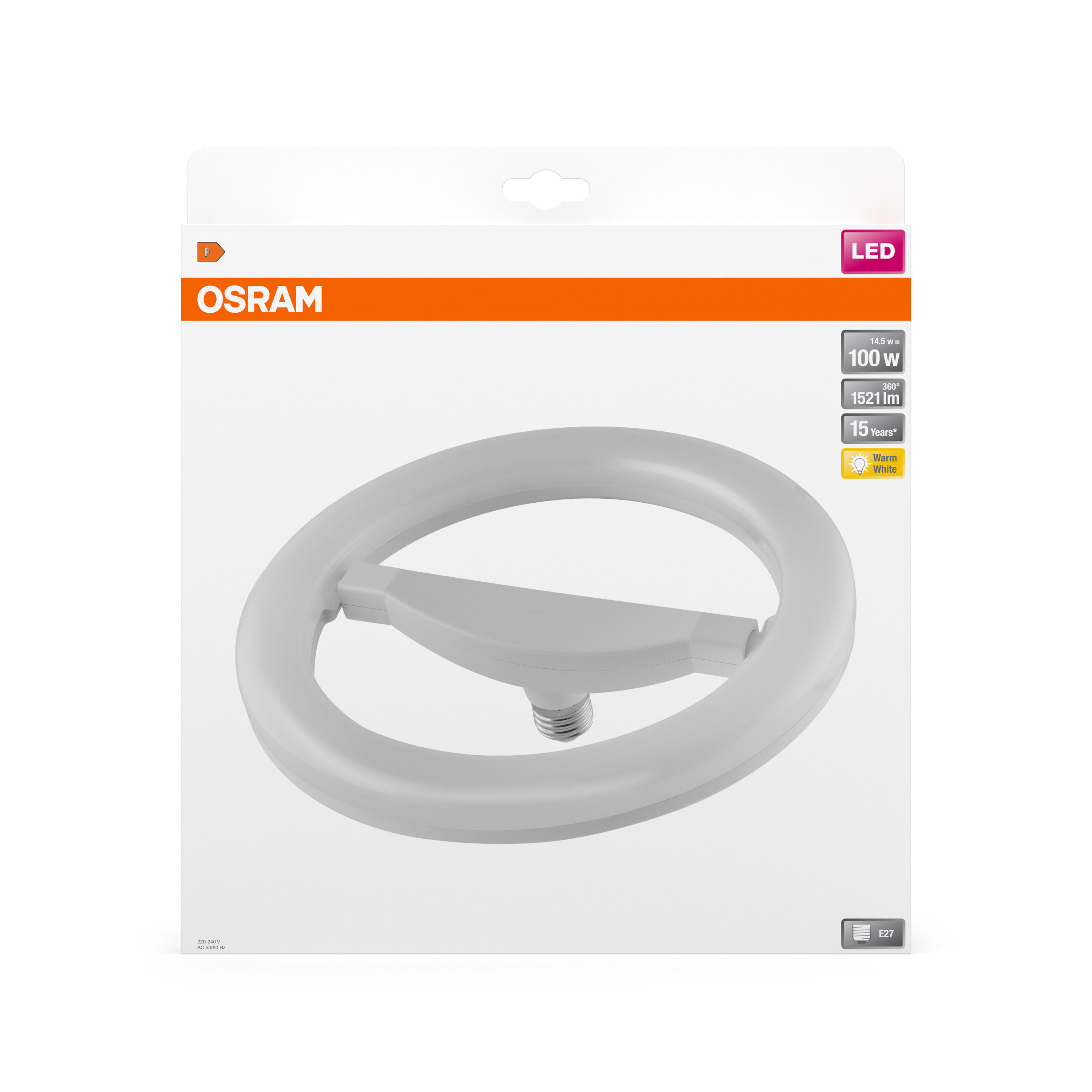 Lampada LED circolare bianca in un pacchetto. L'etichetta recita 'OSRAM LED'.