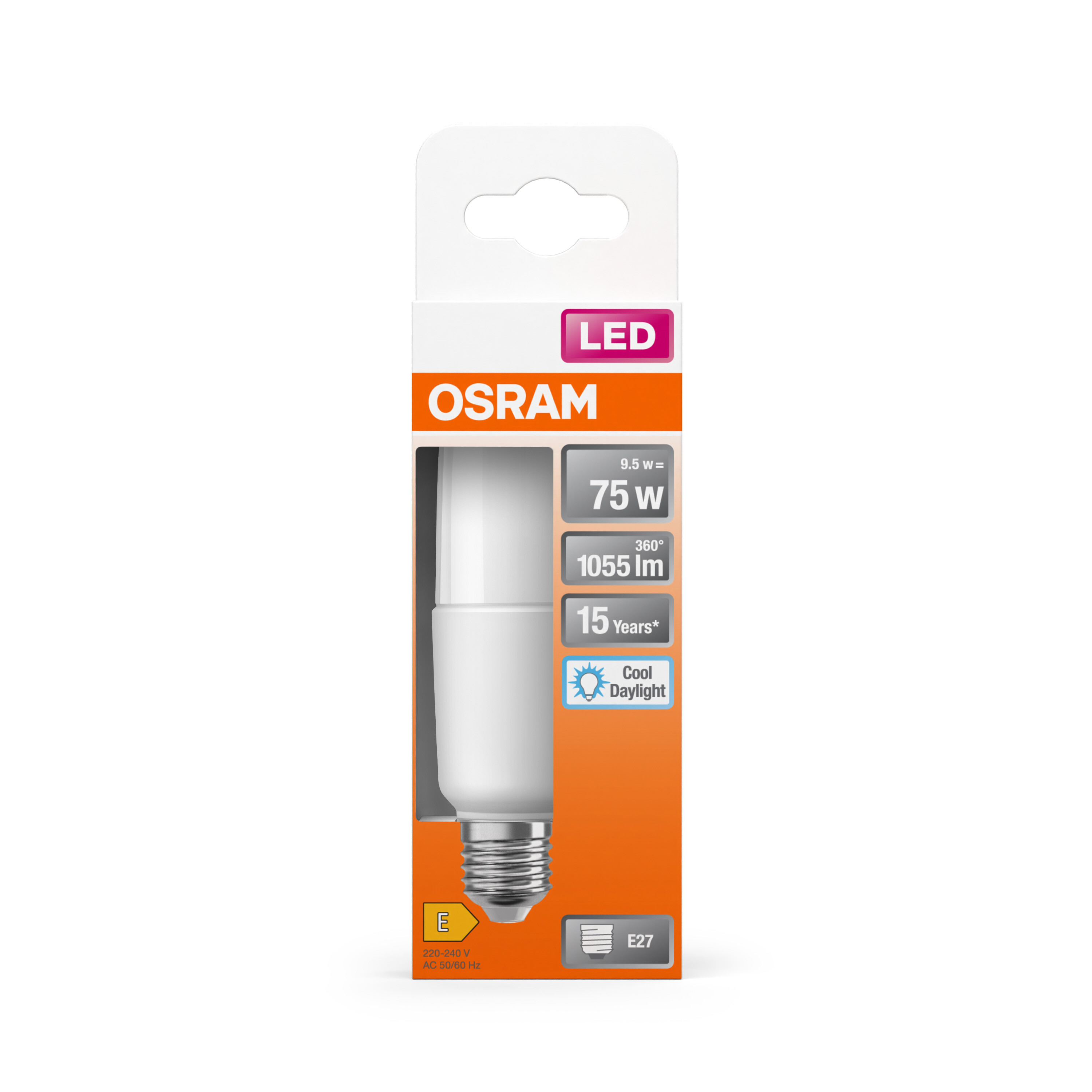 Weiße OSRAM LED-Glühbirne mit Verpackung, Text: LED, 75W, 15 Jahre.
