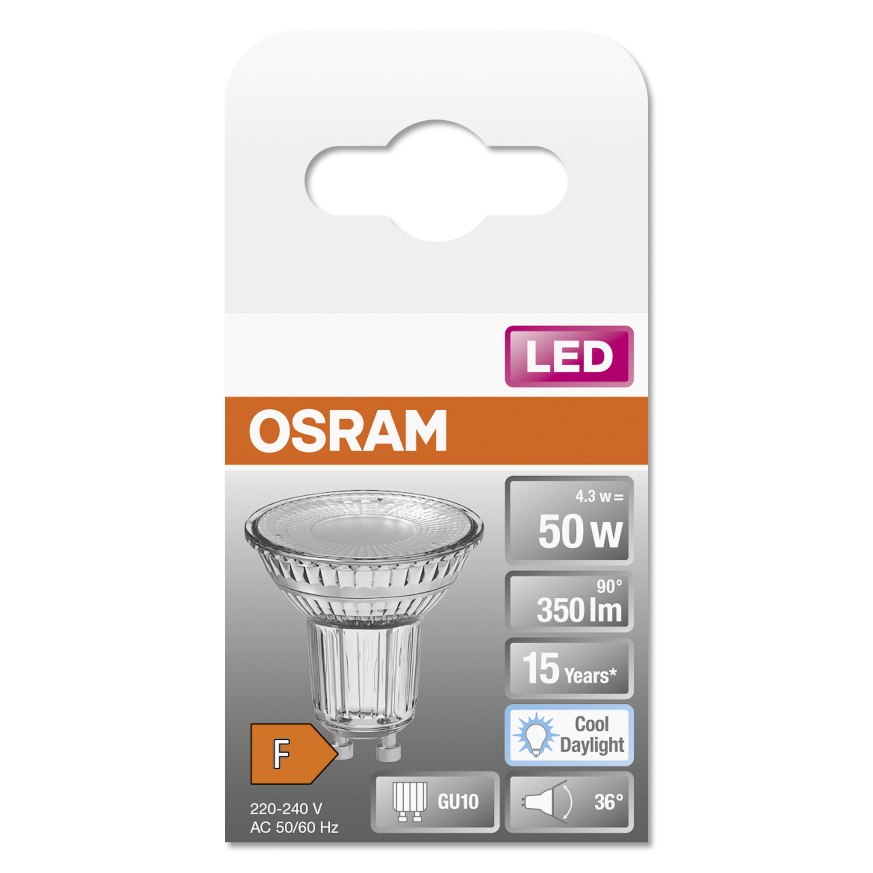 Eine OSRAM LED-Glühbirnenverpackung mit Spezifikationen und einem GU10-Sockel.