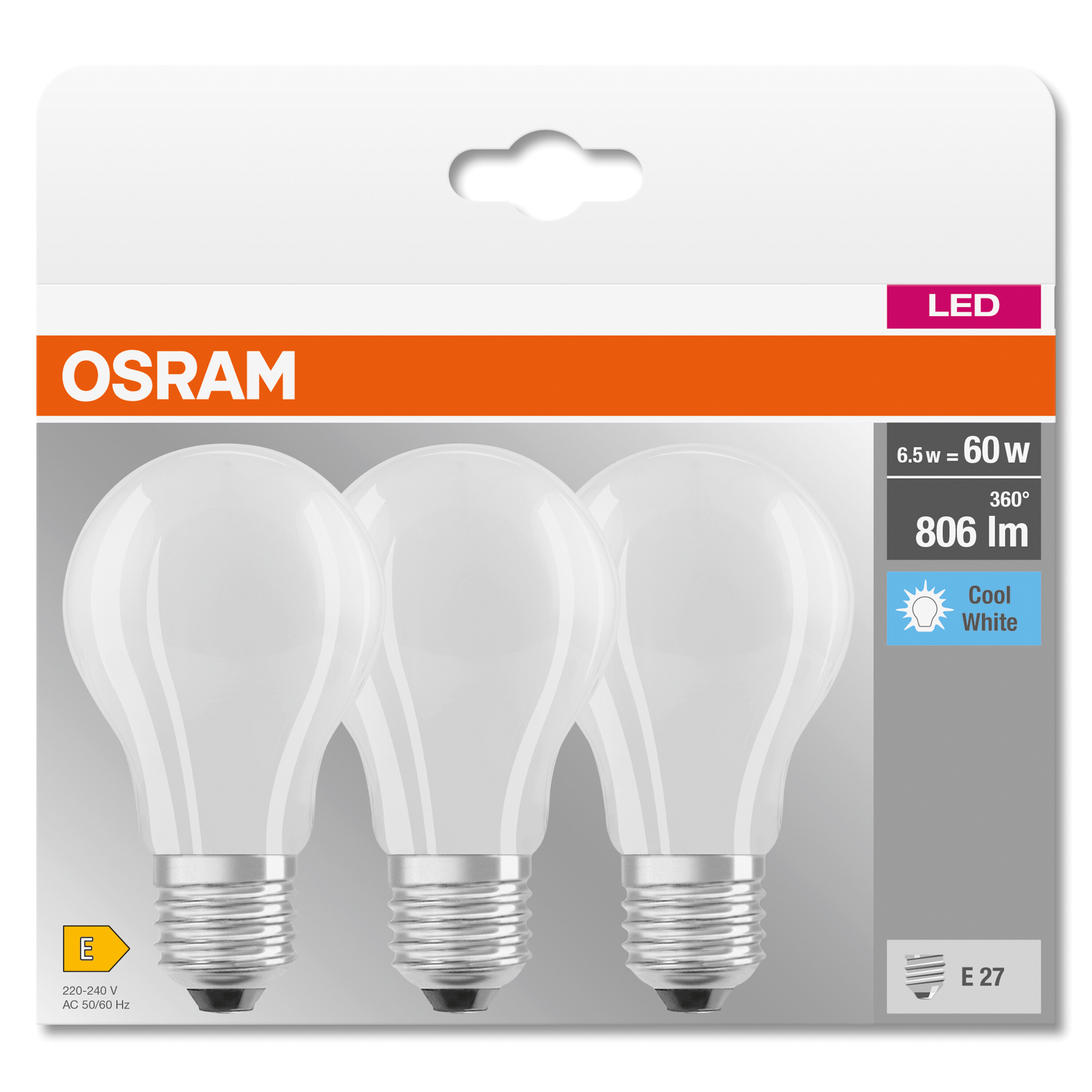 Eine Packung mit drei weißen LED-Glühbirnen mit einem blau-orangen Informationstafel.