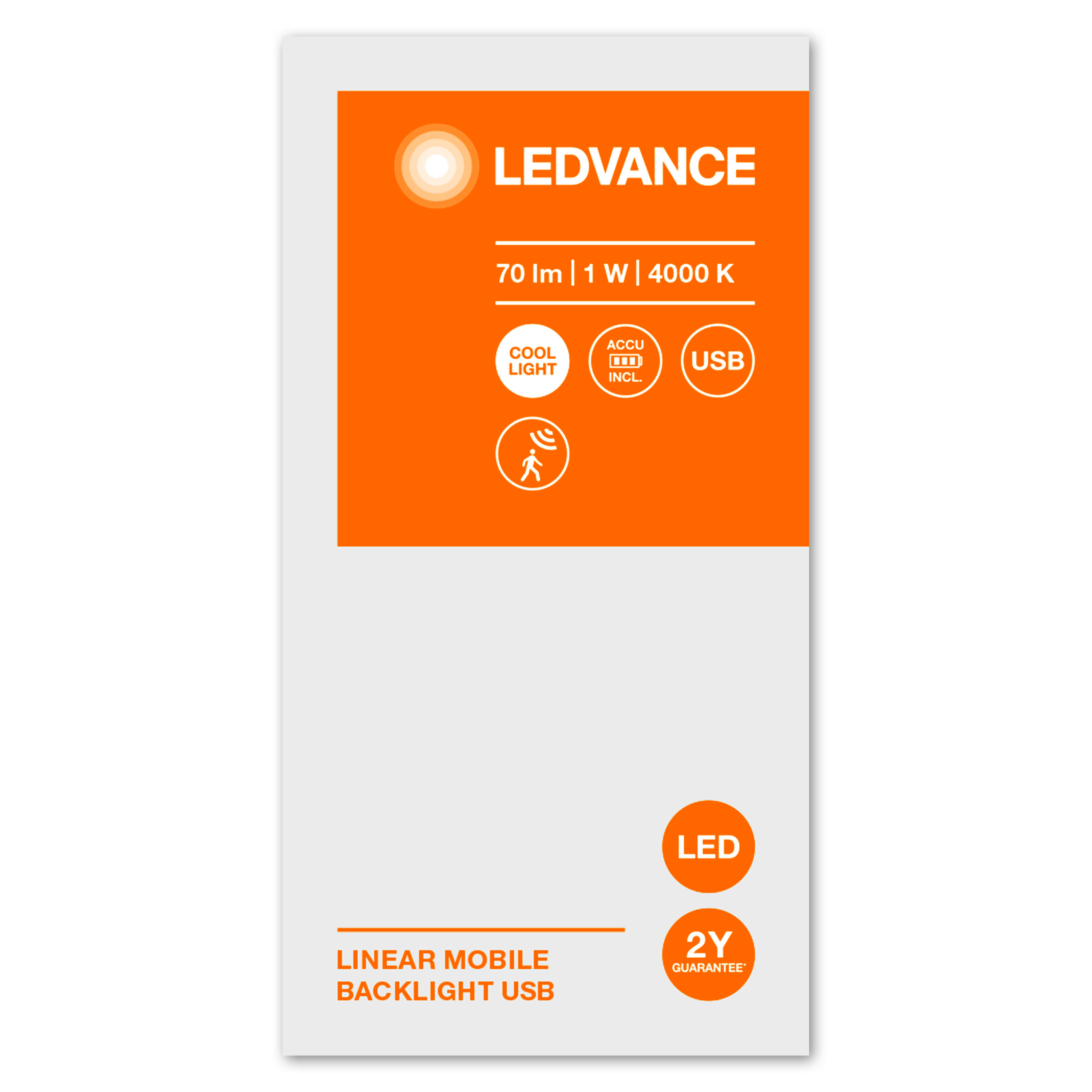 Un emballage de produit LEDVANCE blanc et orange avec du texte et des icônes.