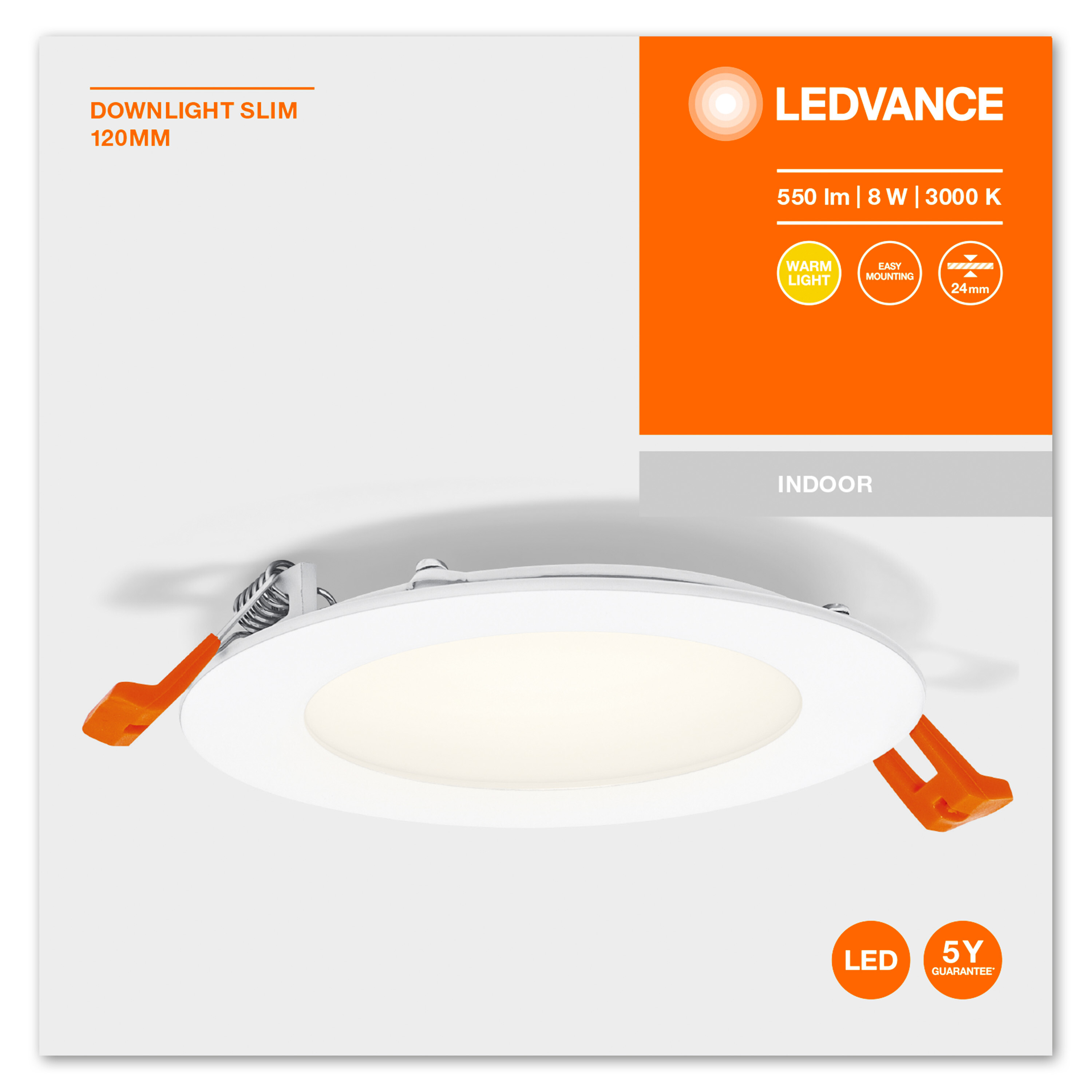 Un downlight a LED bianco con clip arancioni. L'imballaggio mostra le caratteristiche della luce calda.