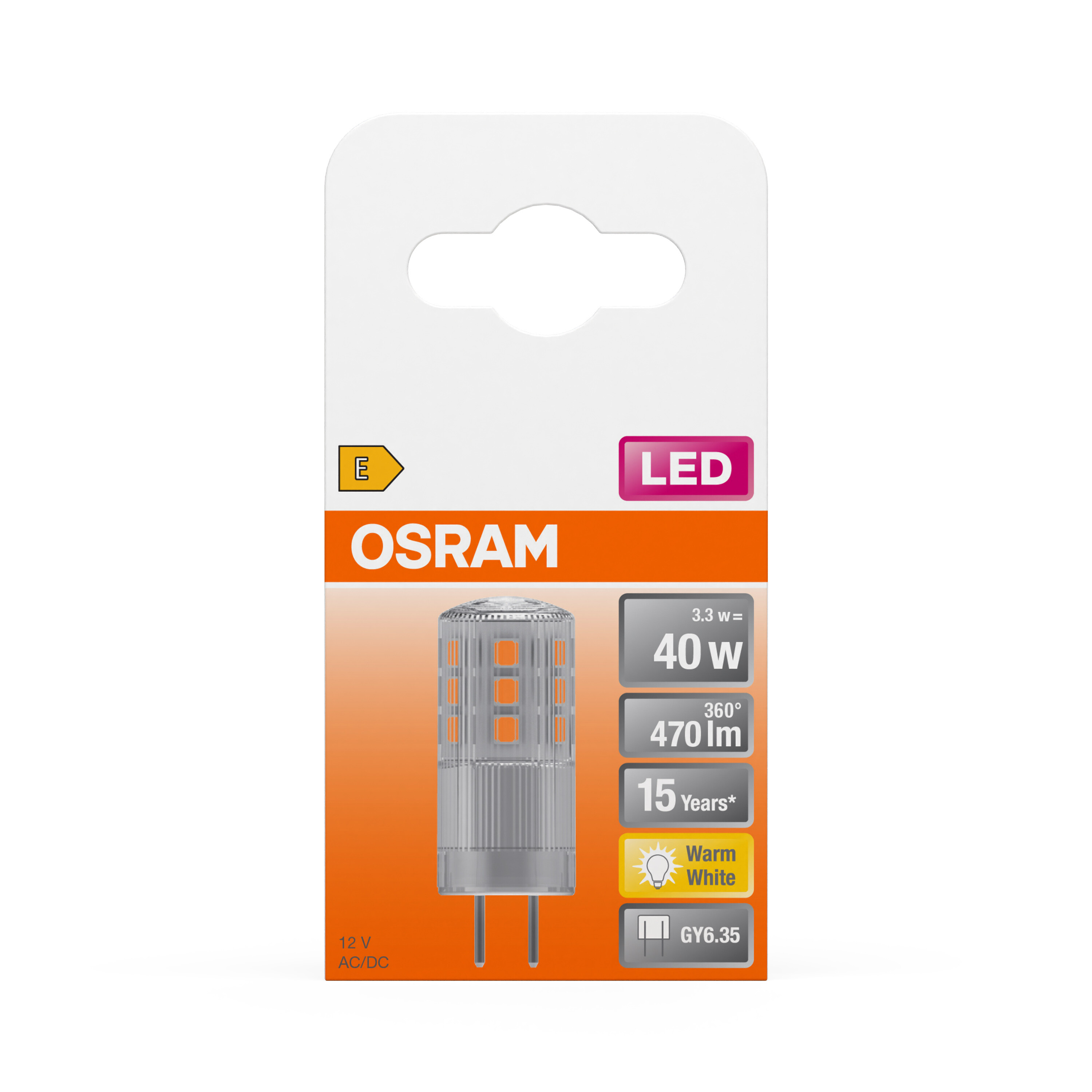 Eine Packung einer kleinen LED-Glühbirne, mit der Marke OSRAM, mit Produktdetails und LED-Typ.
