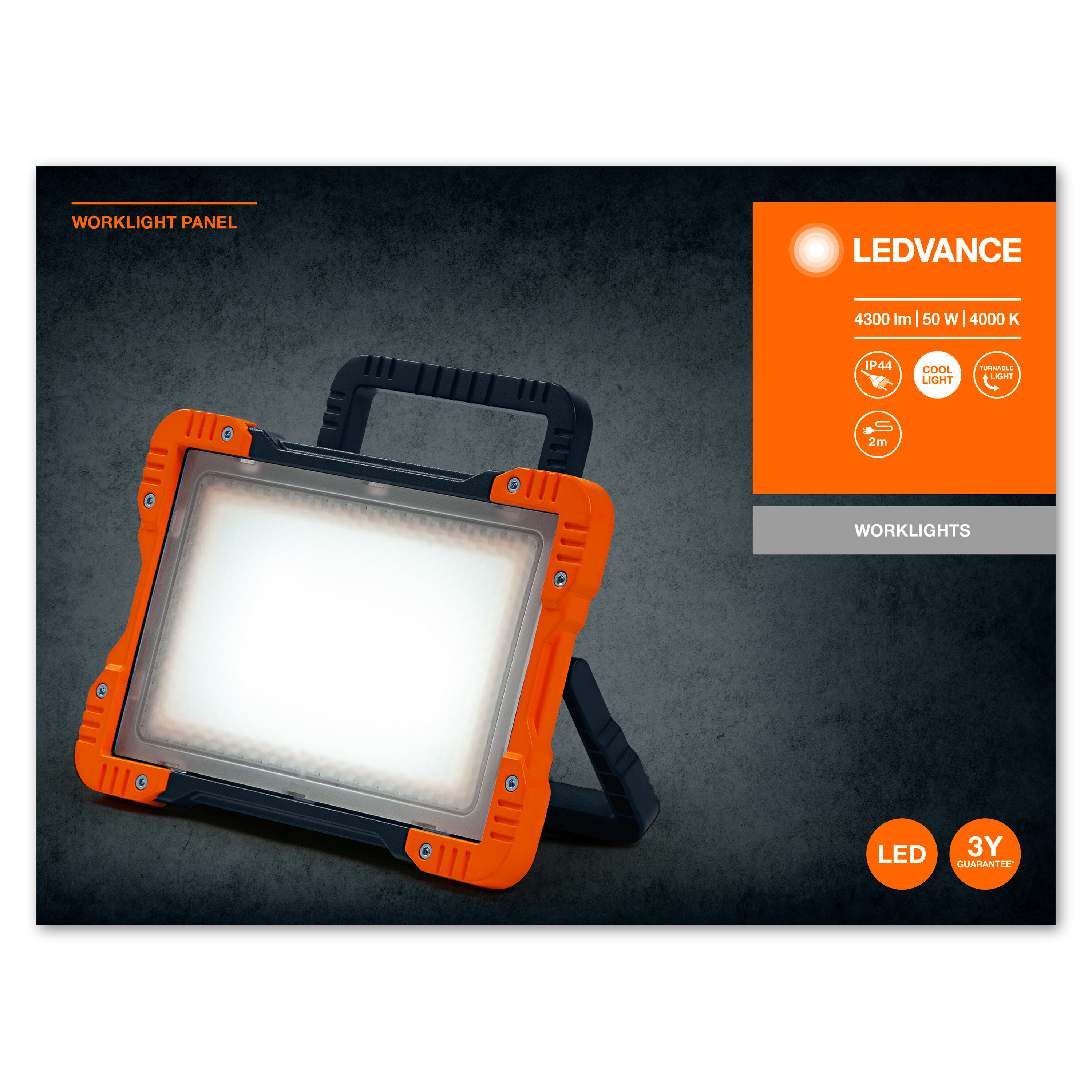 Orangefarbenes und schwarzes Arbeitslichtpanel mit Griff und weißem Lichtbereich.