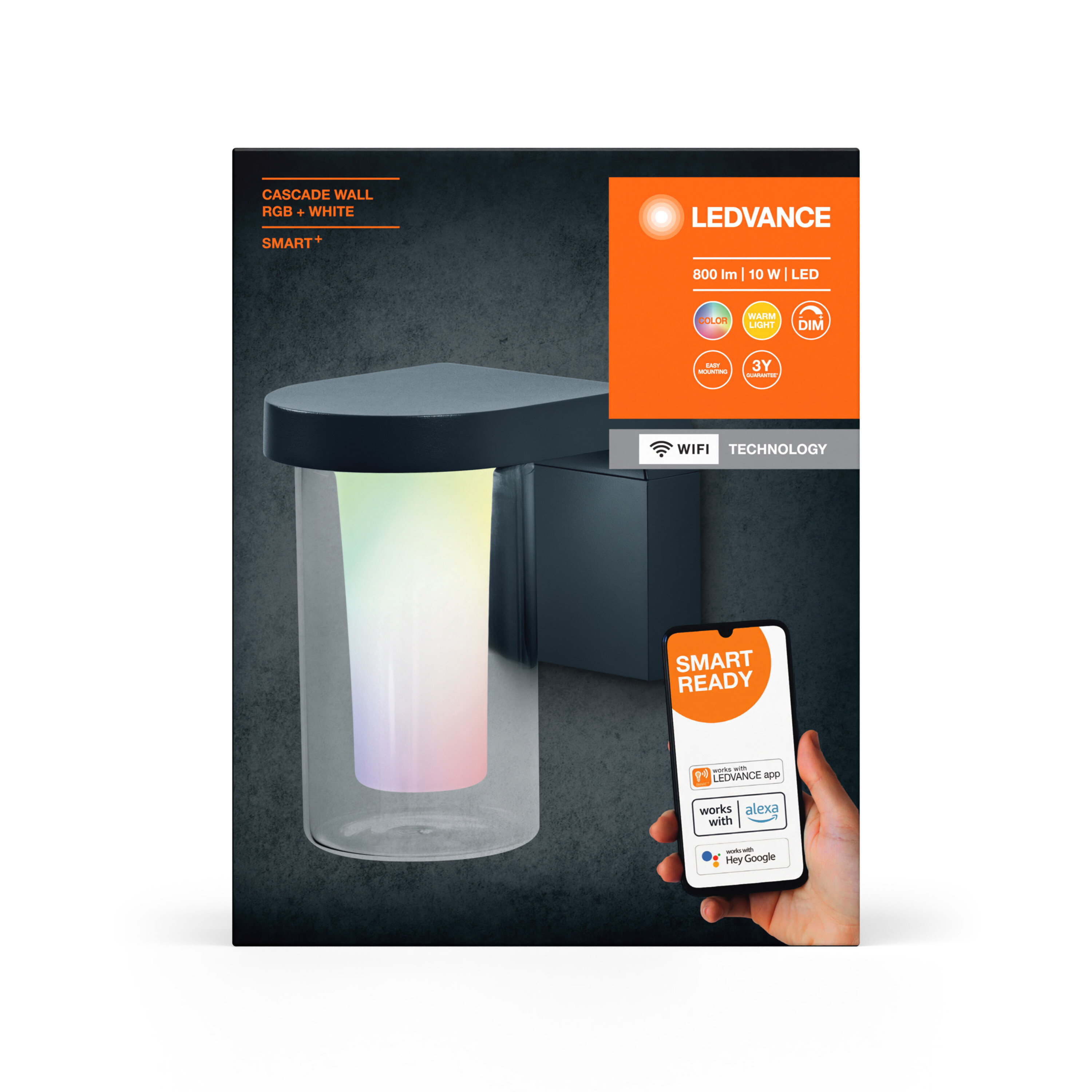 Eine schwarze LEDVANCE Smart-Wandleuchte in ihrer Verpackung. Die Verpackung zeigt ein Telefon und Lichtfunktionen.