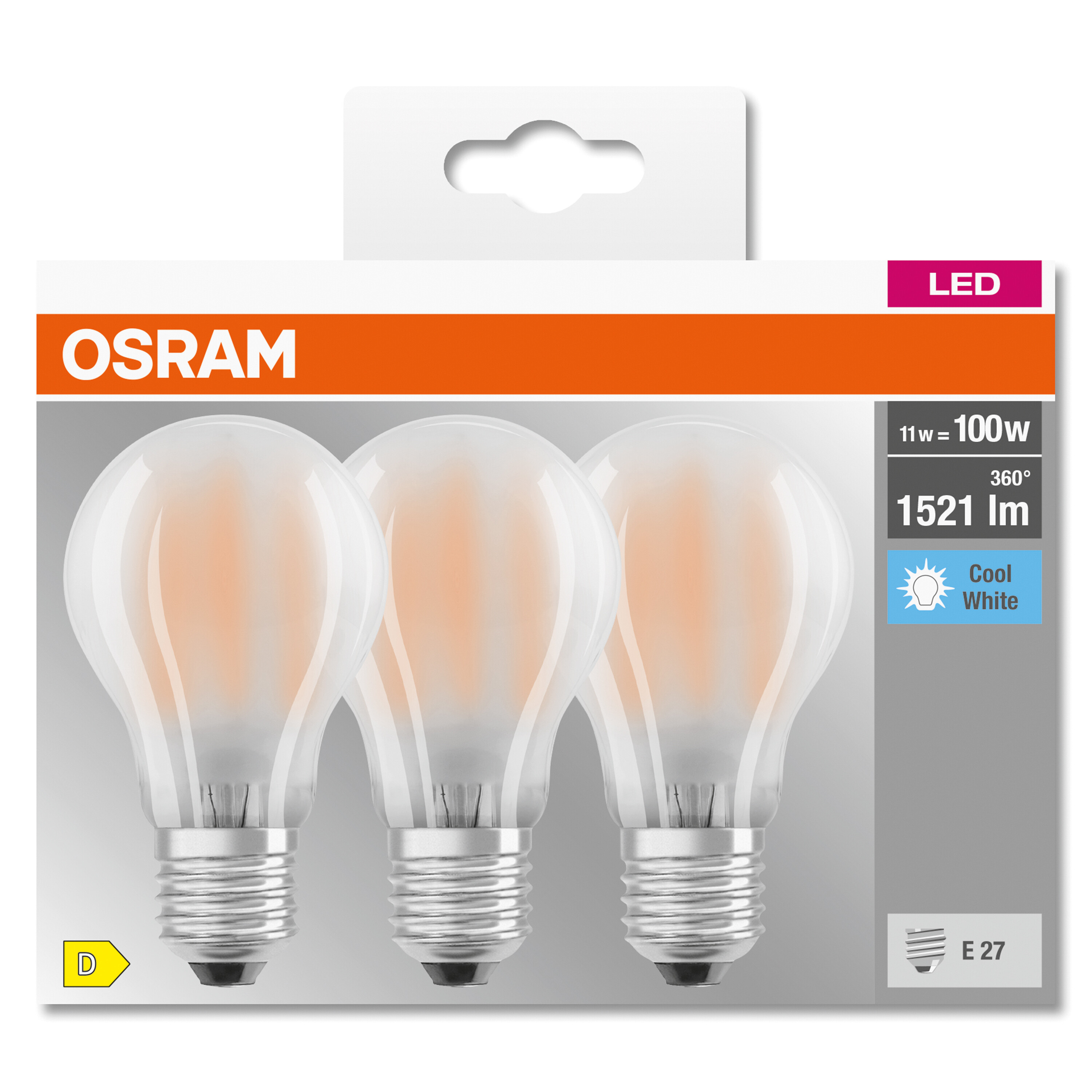 Confezione di tre lampadine LED su sfondo bianco e arancione. Il marchio è OSRAM.