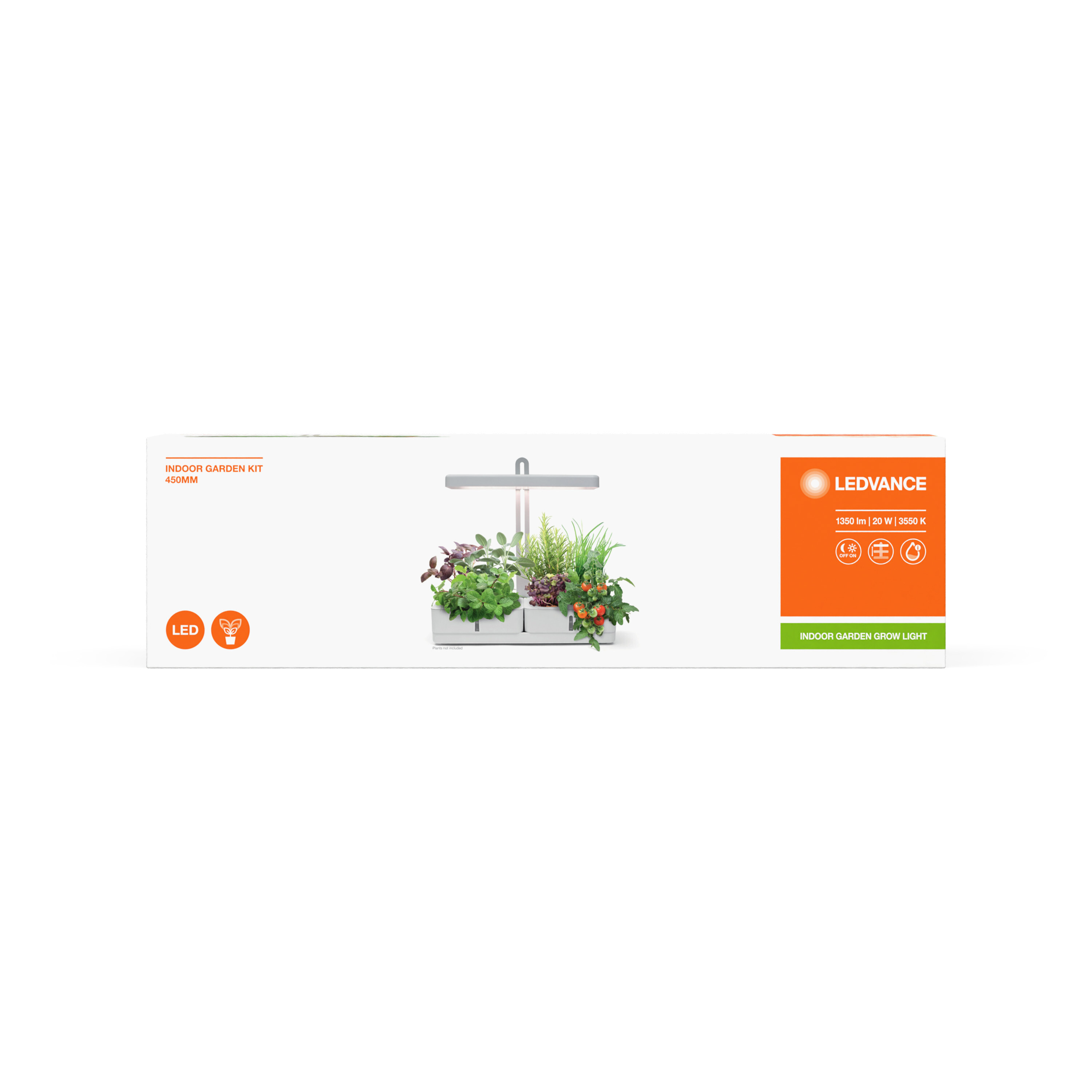 Eine weiße Box mit einem Indoor-Garten-Kit. Es hat einen kleinen Garten im Inneren. Die Box befindet sich auf weißem Hintergrund.