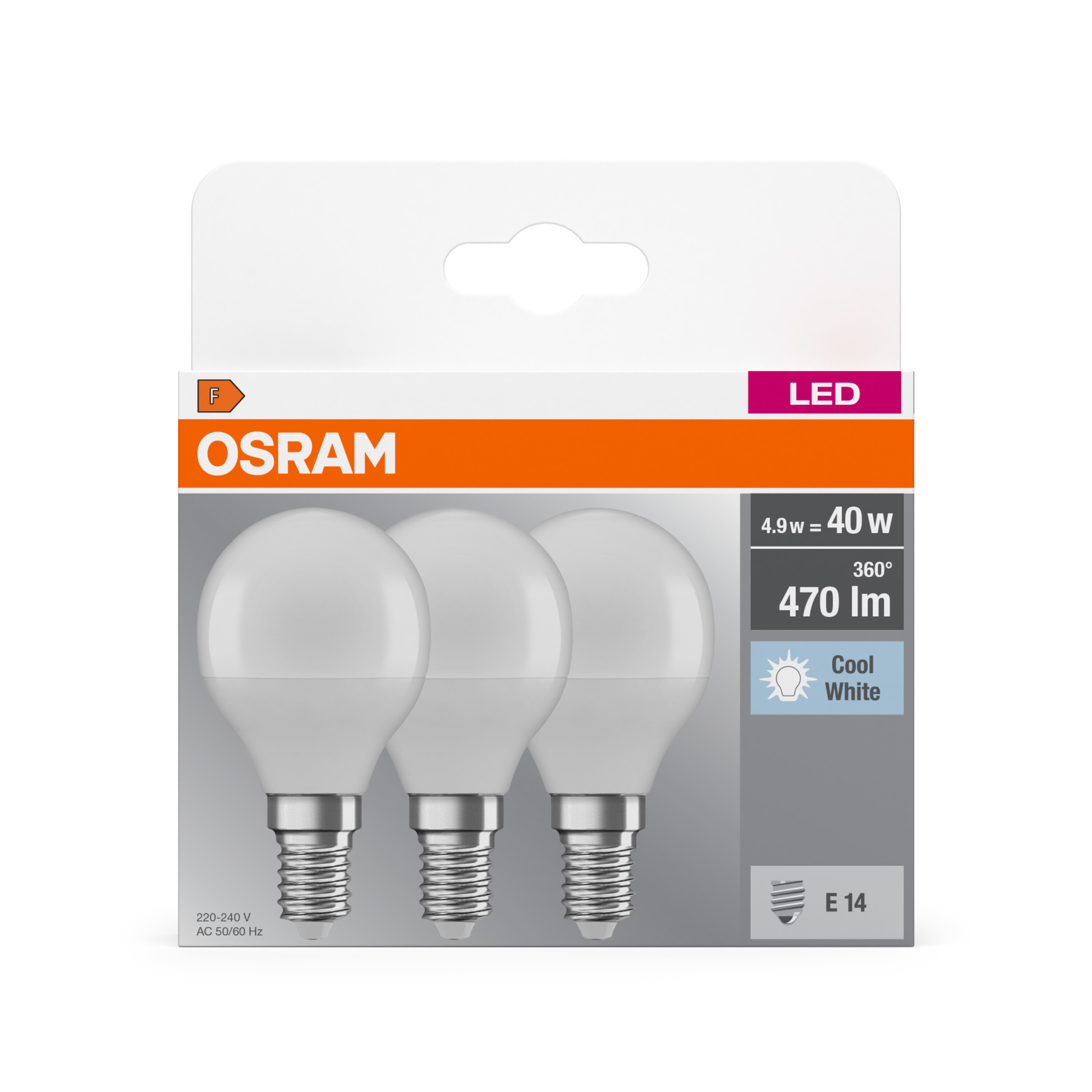 Drei LED-Glühbirnen in einer Verpackung mit Produktinformationen auf weißer Oberfläche.