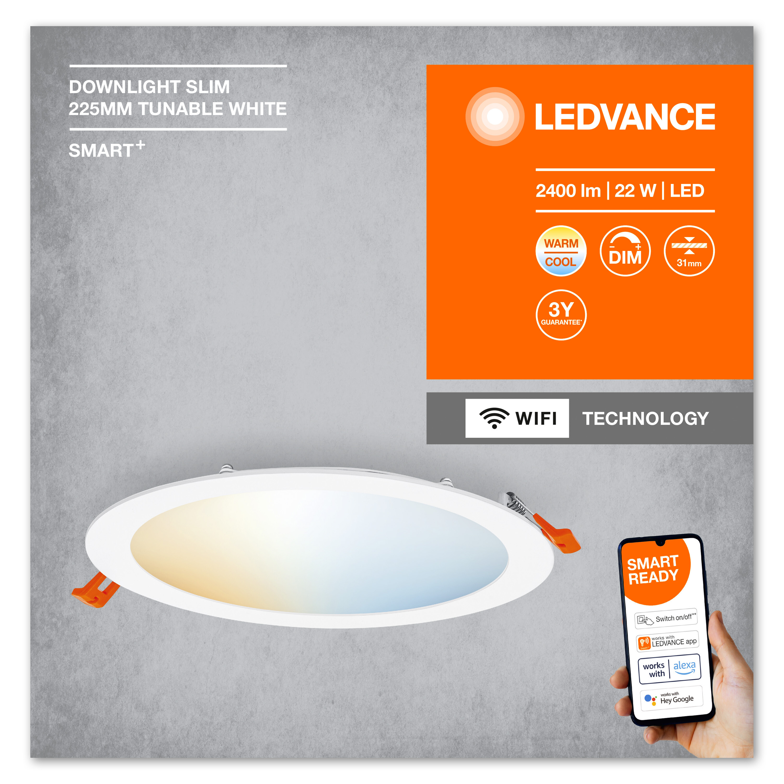 LEDVANCE Downlight-Leuchte in quadratischem Rahmen mit Produktinfo und Smartphone.