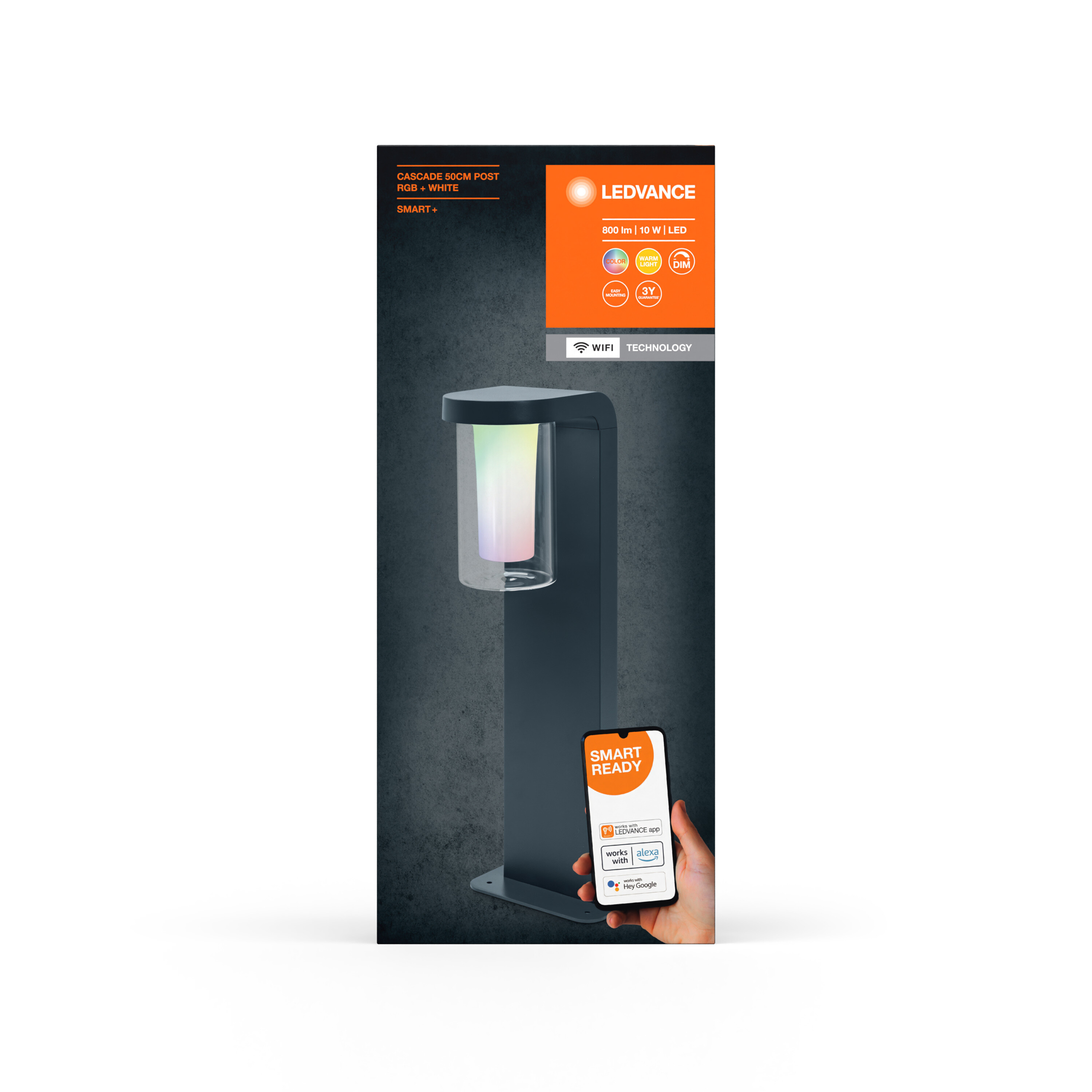 Schwarze Außenlaterne mit Licht oben und Smartphone mit Smart Home App.