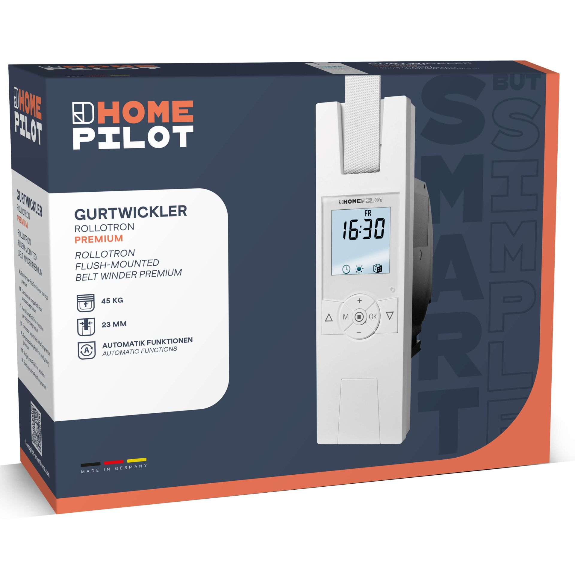 Eine weiße und orangefarbene Box mit einer Smart-Rollladensteuerung mit Digitalanzeige und Knöpfen.
